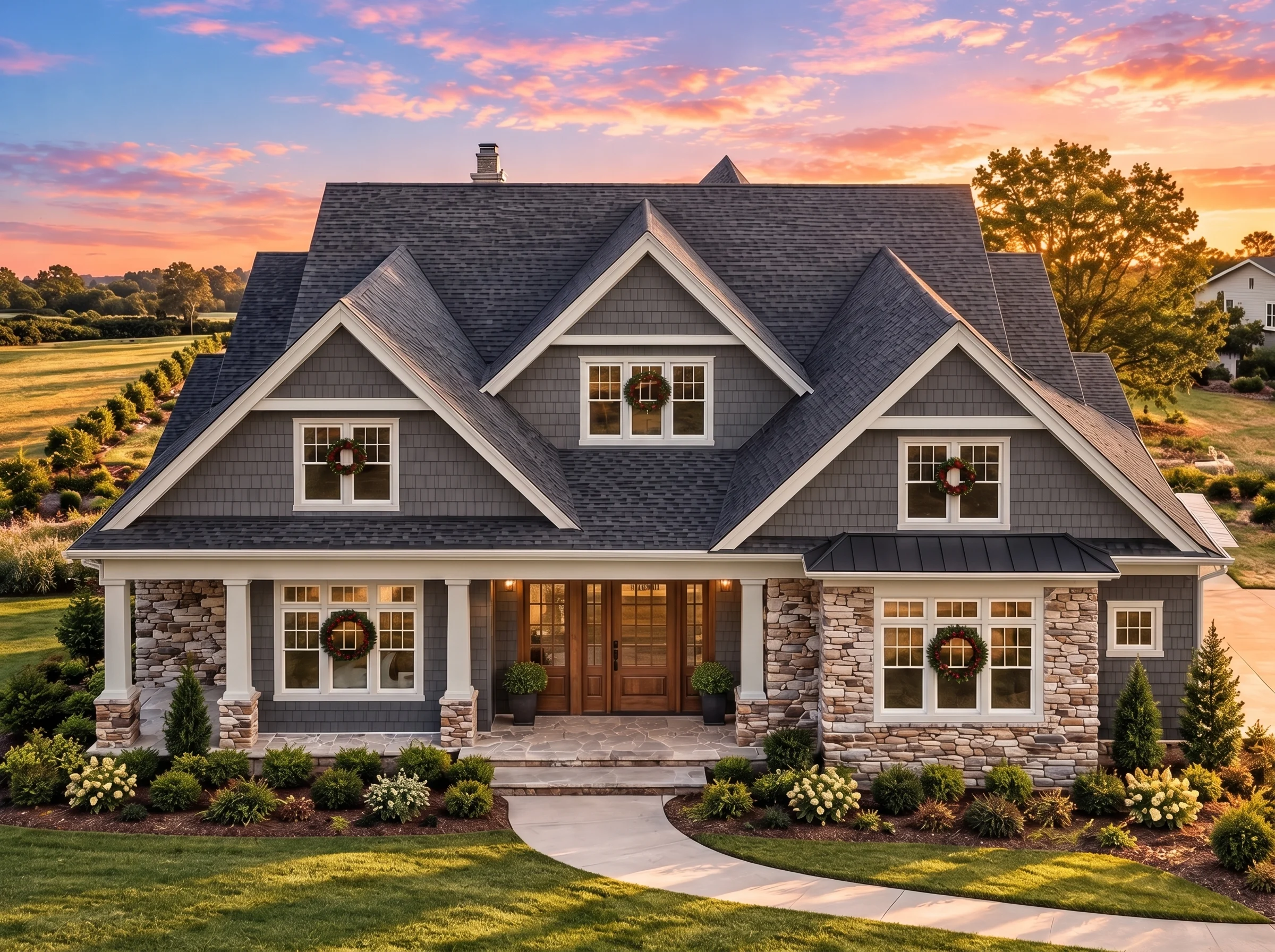 Plan  17-1479 – Indiana Plateau |  New American – 5-Bed, 5-Bath, 4,964 SF - Warm Charcoal, AI-generated exterior concept