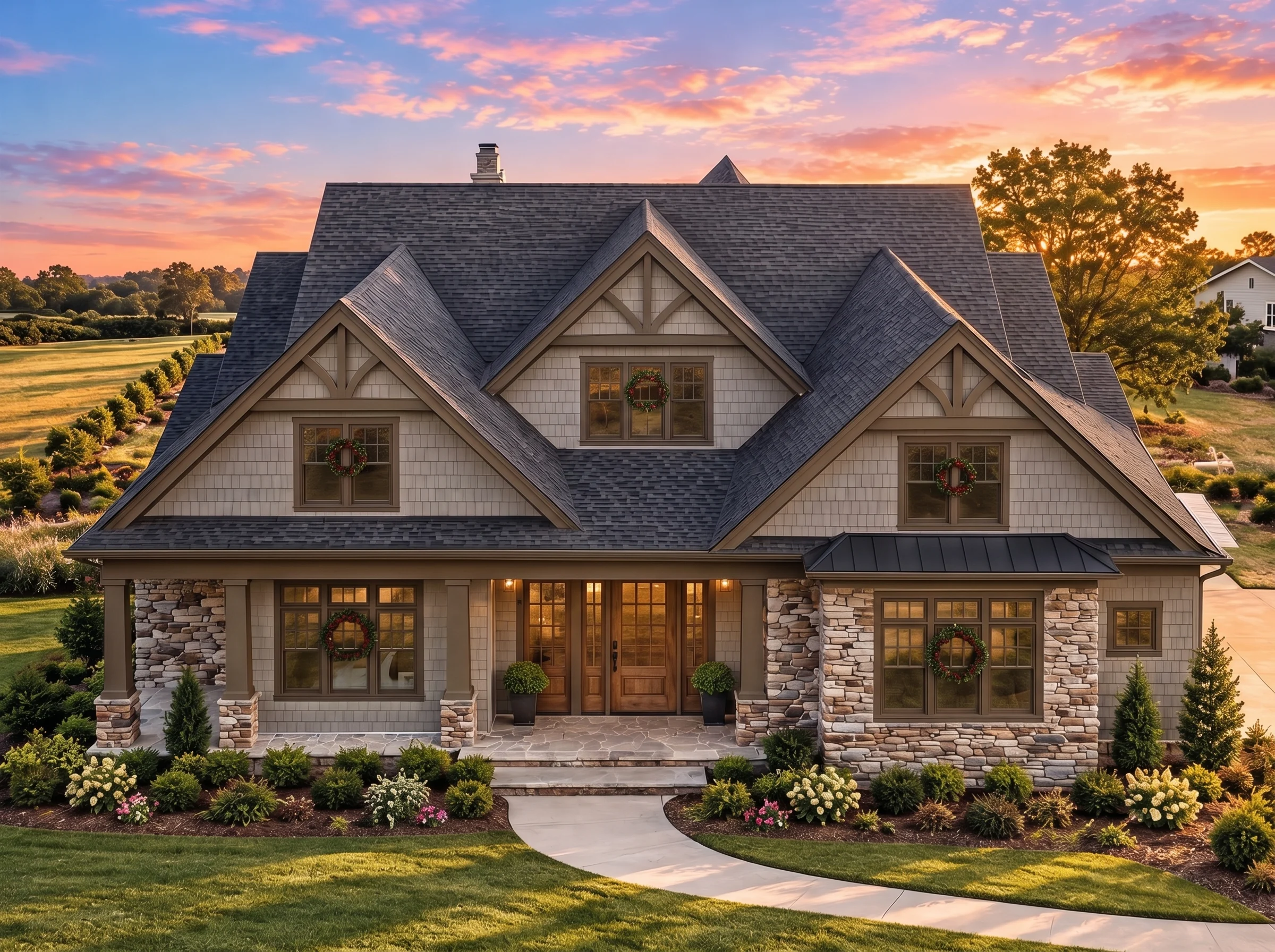 Plan  17-1479 – Indiana Plateau |  New American – 5-Bed, 5-Bath, 4,964 SF - Mushroom Taupe, AI-generated exterior concept