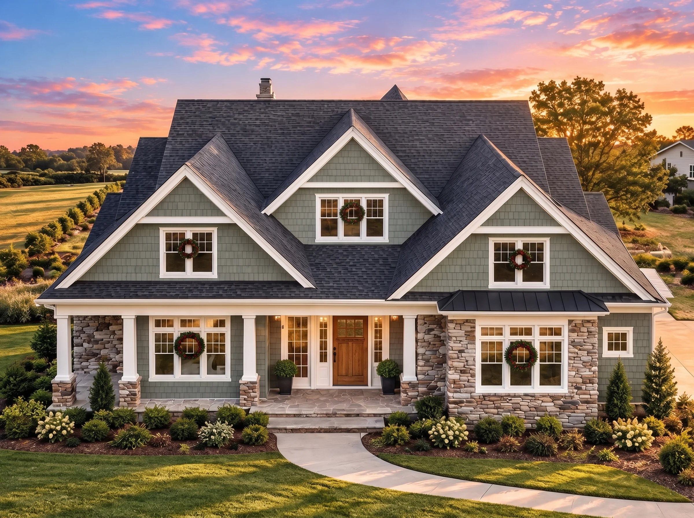 Plan  17-1479 – Indiana Plateau |  New American – 5-Bed, 5-Bath, 4,964 SF - Muted Sage, AI-generated exterior concept