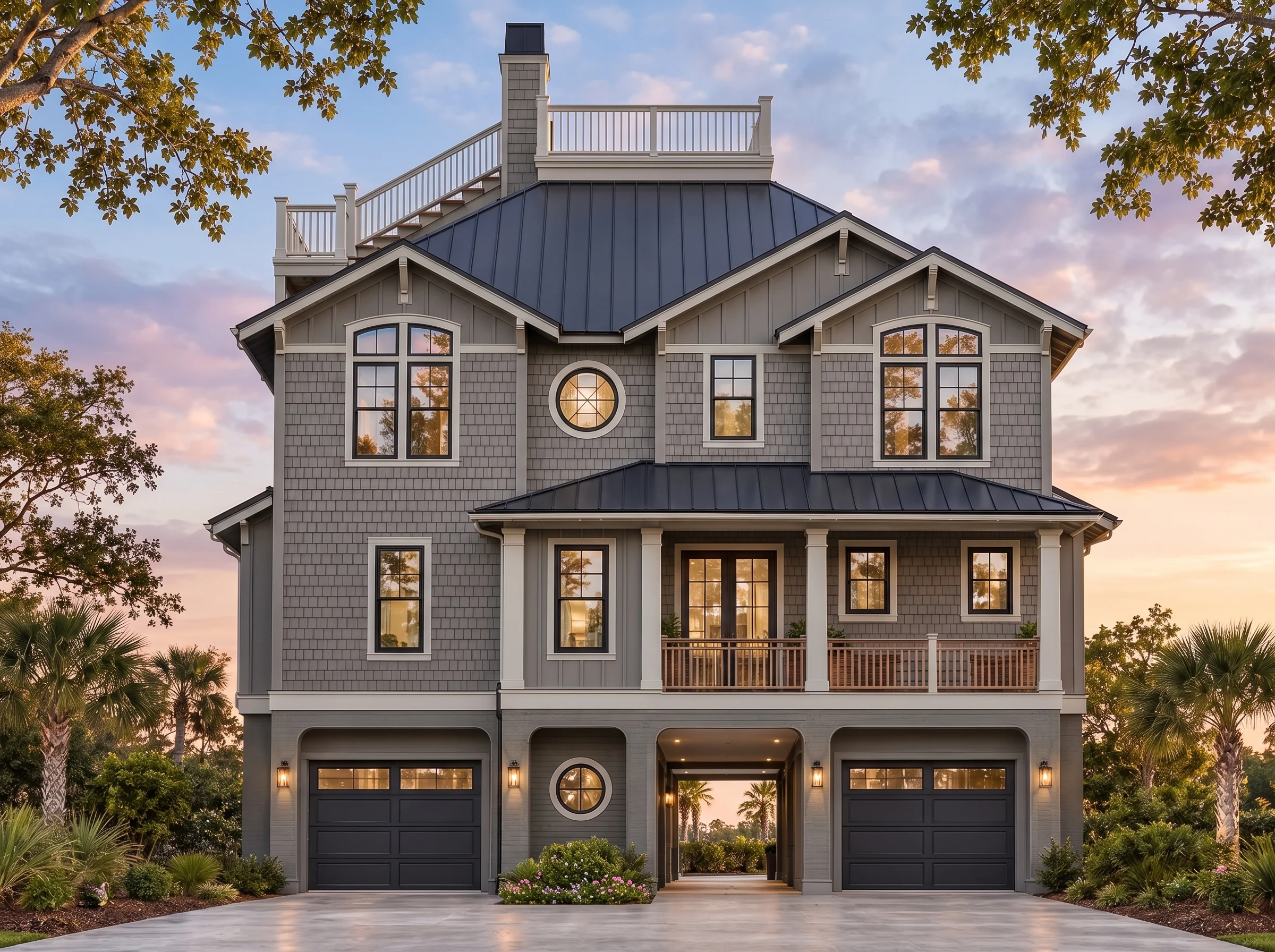Plan  17-1596 – Windsor Cottage |  Coastal Traditional – 4-Bed, 4.5-Bath, 4,372 SF - Warm Charcoal, AI-generated exterior concept