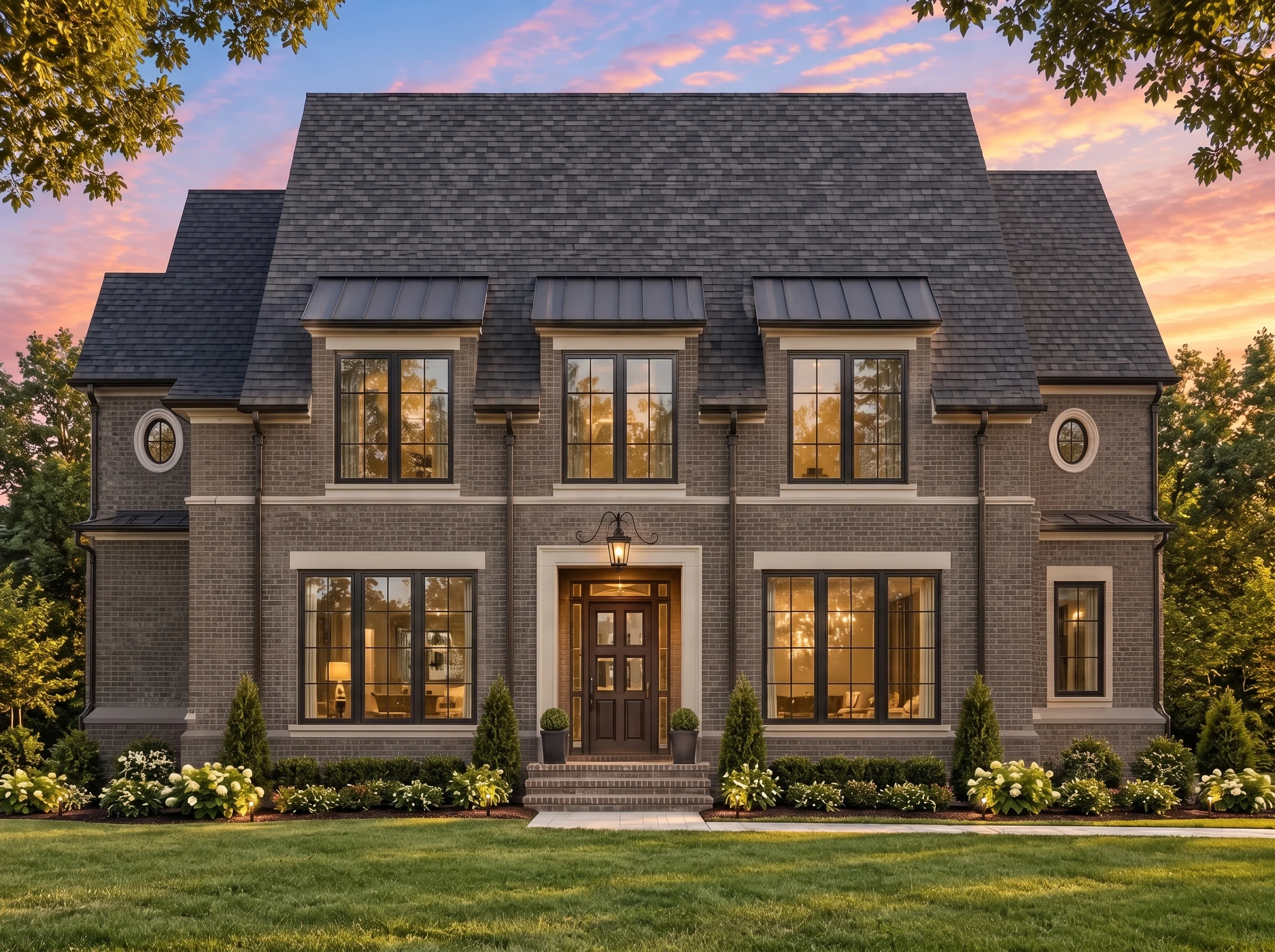 Plan  17-1595 – Manor Haven |  Traditional Colonial – 4-Bed, 5-Bath, 5,524 SF - Warm Charcoal, AI-generated exterior concept