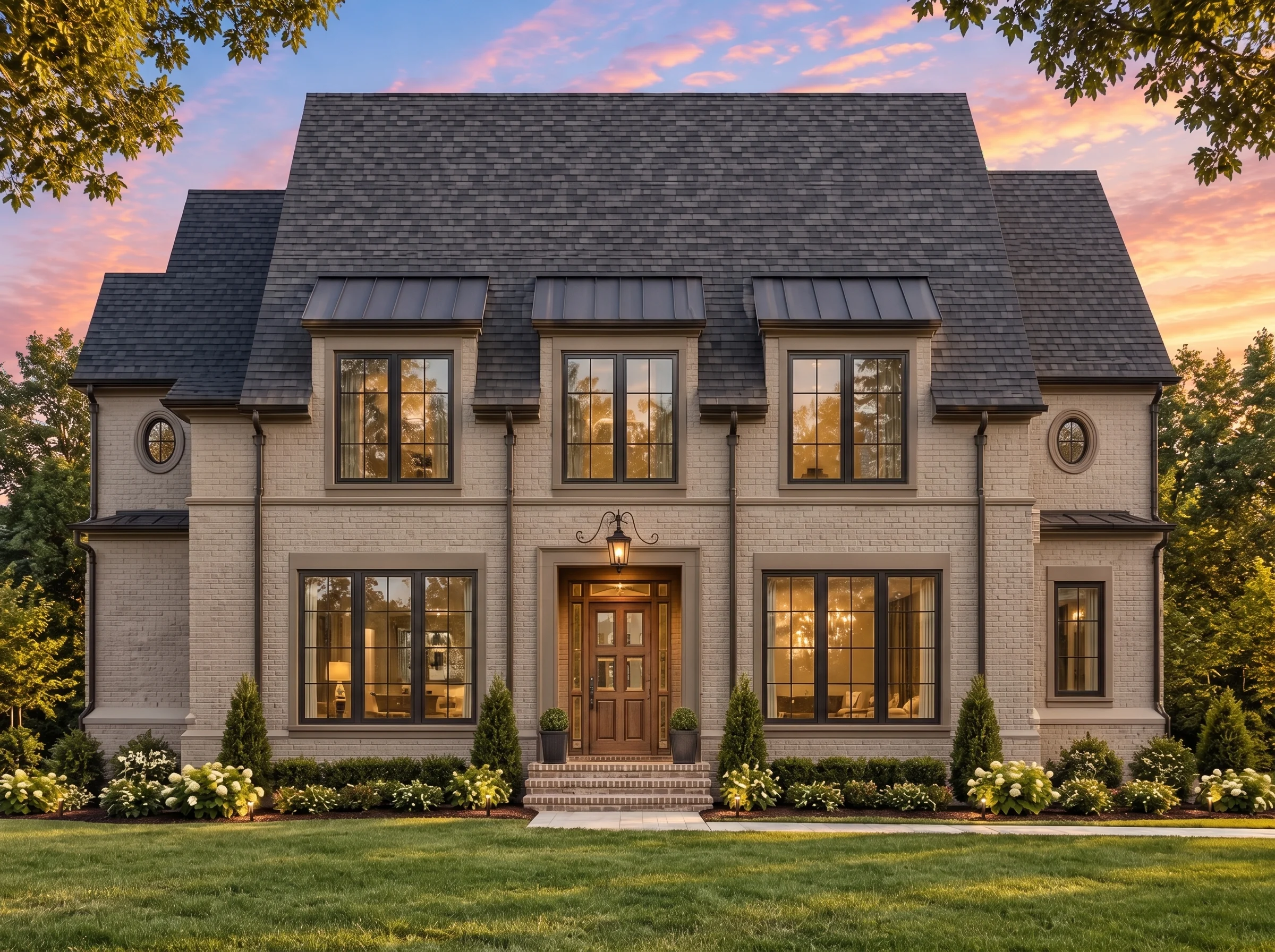 Plan  17-1595 – Manor Haven |  Traditional Colonial – 4-Bed, 5-Bath, 5,524 SF - Mushroom Taupe, AI-generated exterior concept