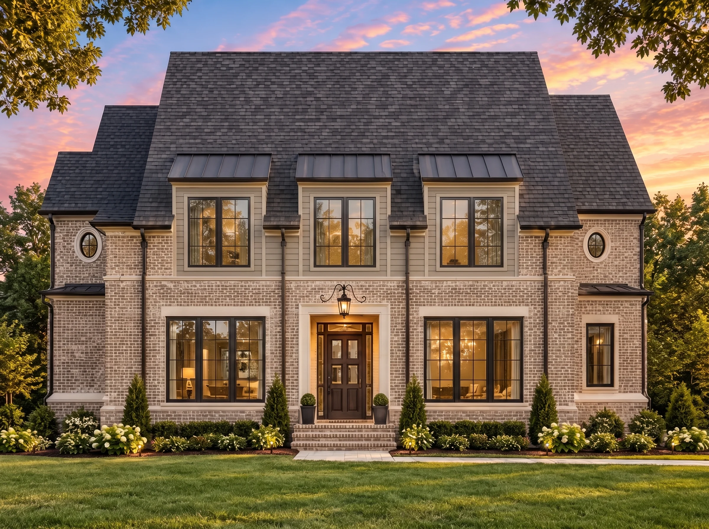 Plan  17-1595 – Manor Haven |  Traditional Colonial – 4-Bed, 5-Bath, 5,524 SF - Natural Brick, AI-generated exterior concept