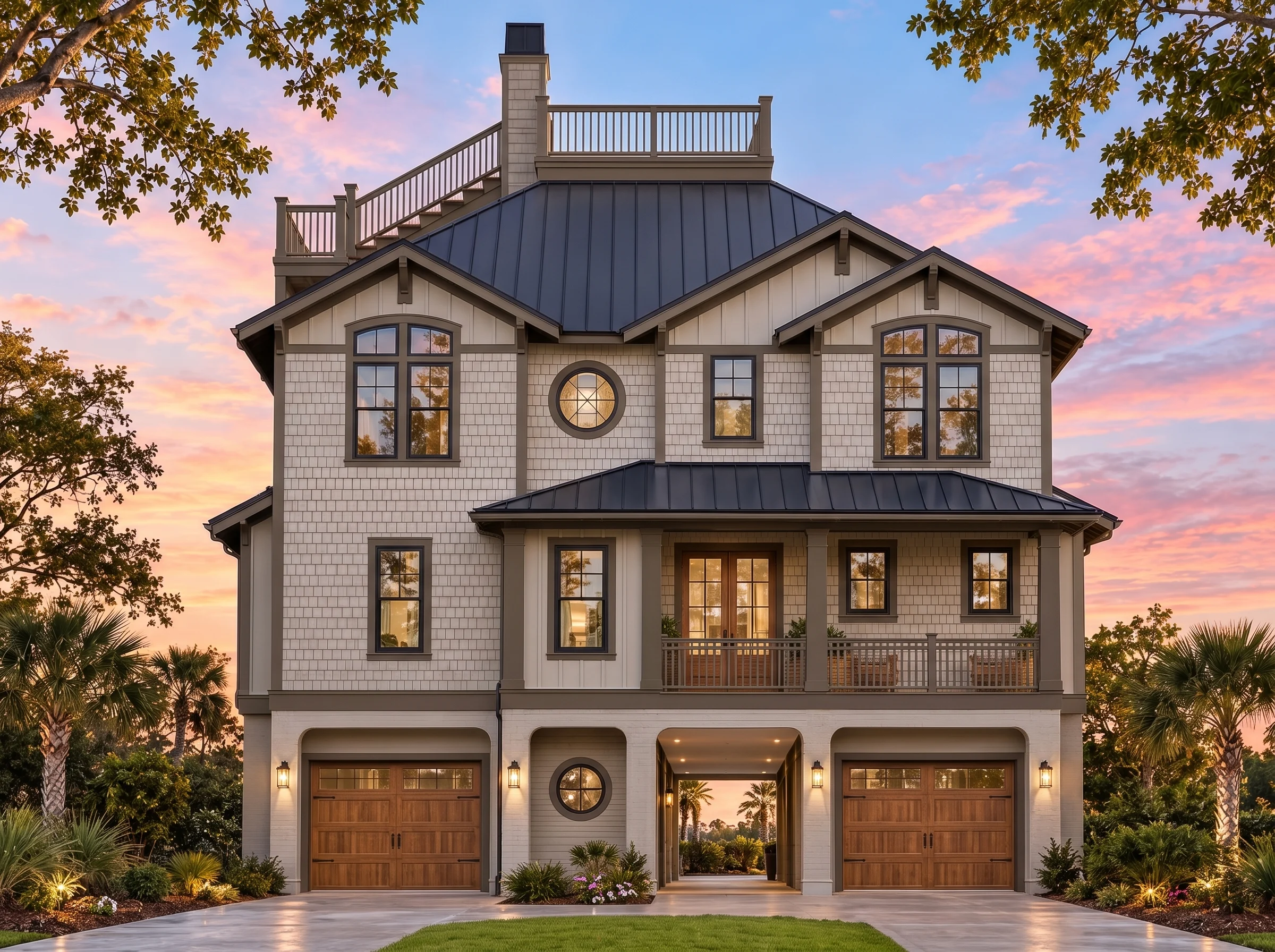 Plan  17-1596 – Windsor Cottage |  Coastal Traditional – 4-Bed, 4.5-Bath, 4,372 SF - Mushroom Taupe, AI-generated exterior concept