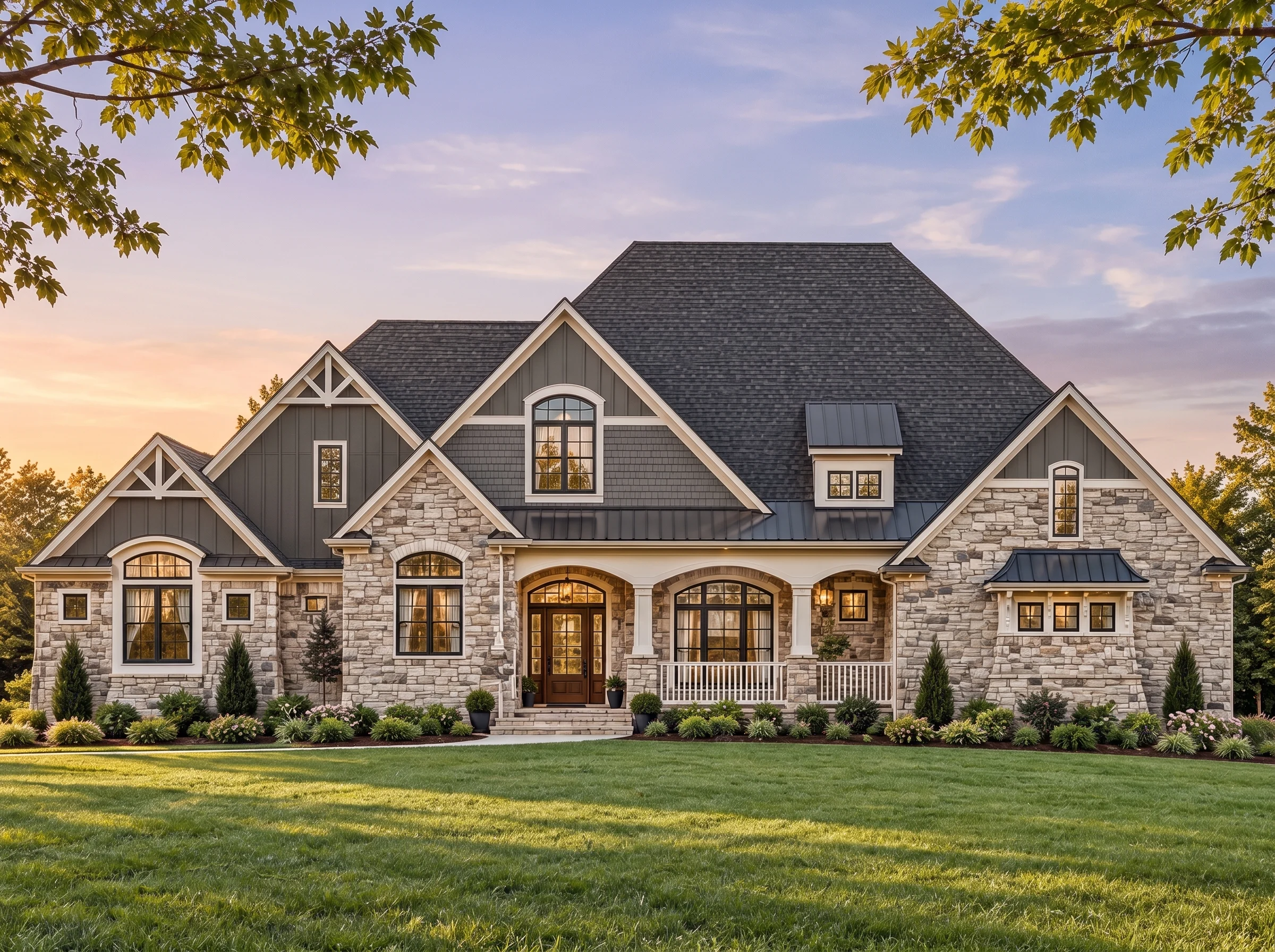 Plan  17-1614 – Auburn View Farm |  French Country – 3-Bed, 4.5-Bath, 4,026 SF - Warm Charcoal, AI-generated exterior concept