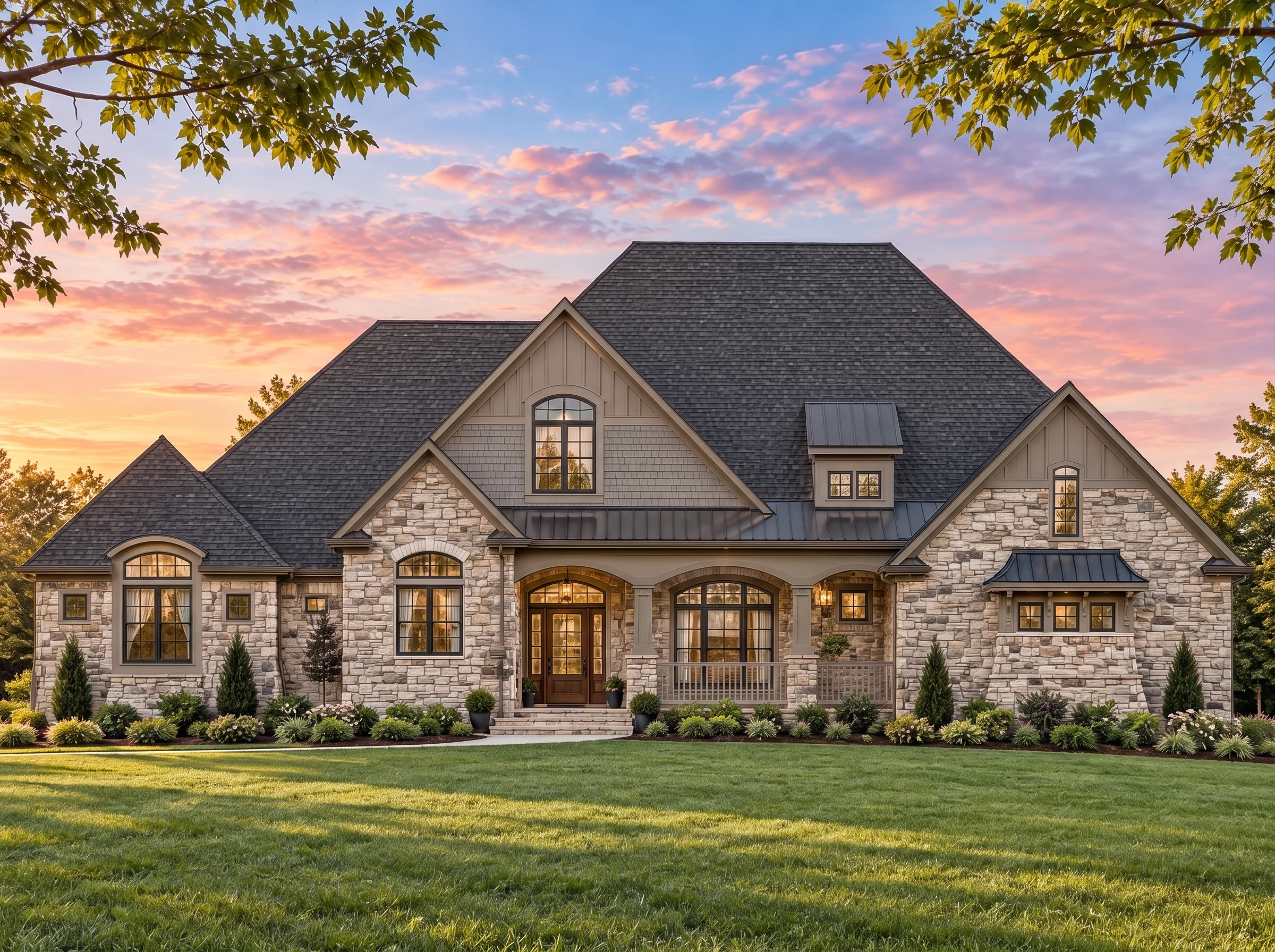 Plan  17-1614 – Auburn View Farm |  French Country – 3-Bed, 4.5-Bath, 4,026 SF - Mushroom Taupe, AI-generated exterior concept