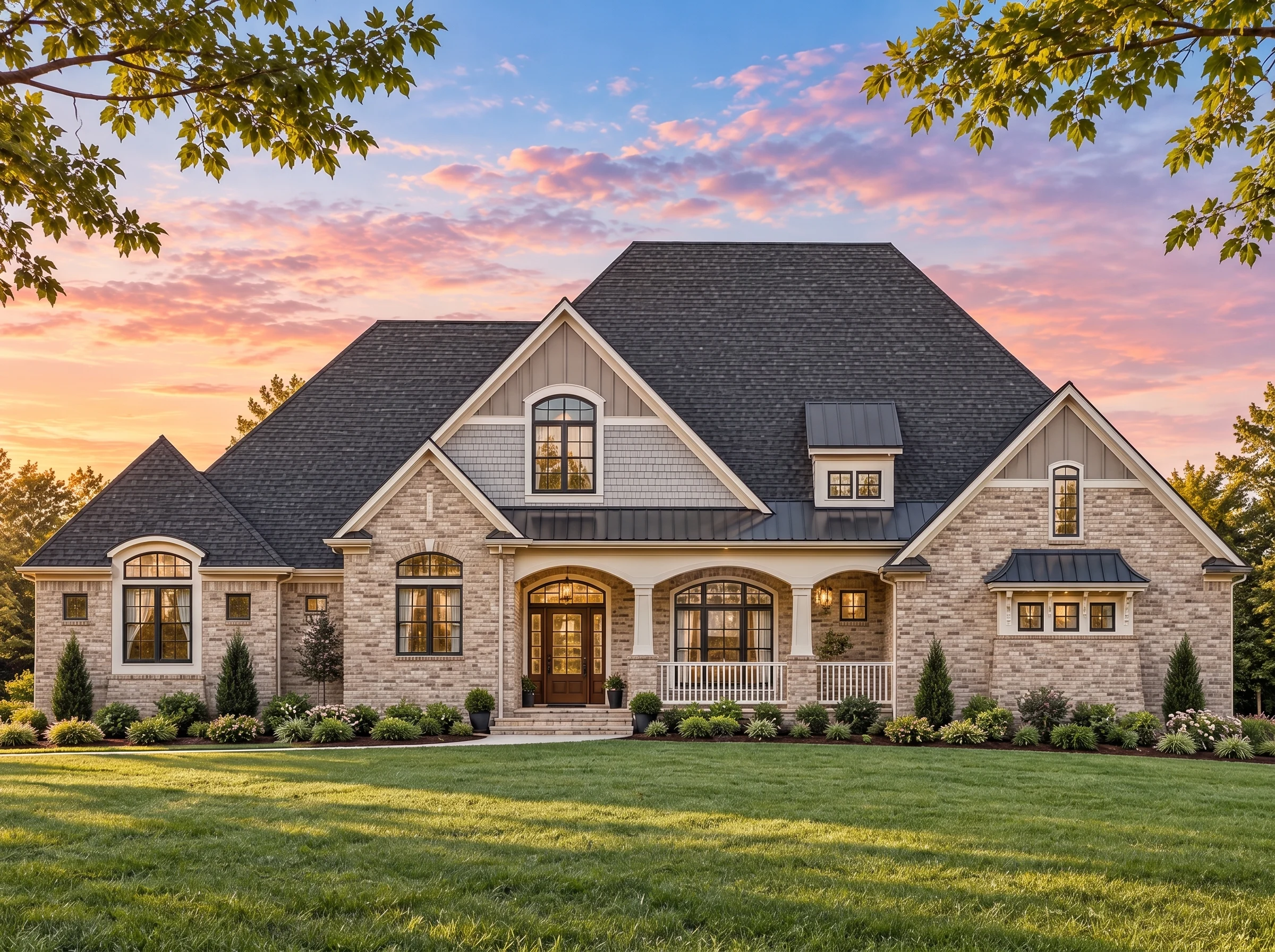 Plan  17-1614 – Auburn View Farm |  French Country – 3-Bed, 4.5-Bath, 4,026 SF - Natural Brick, AI-generated exterior concept