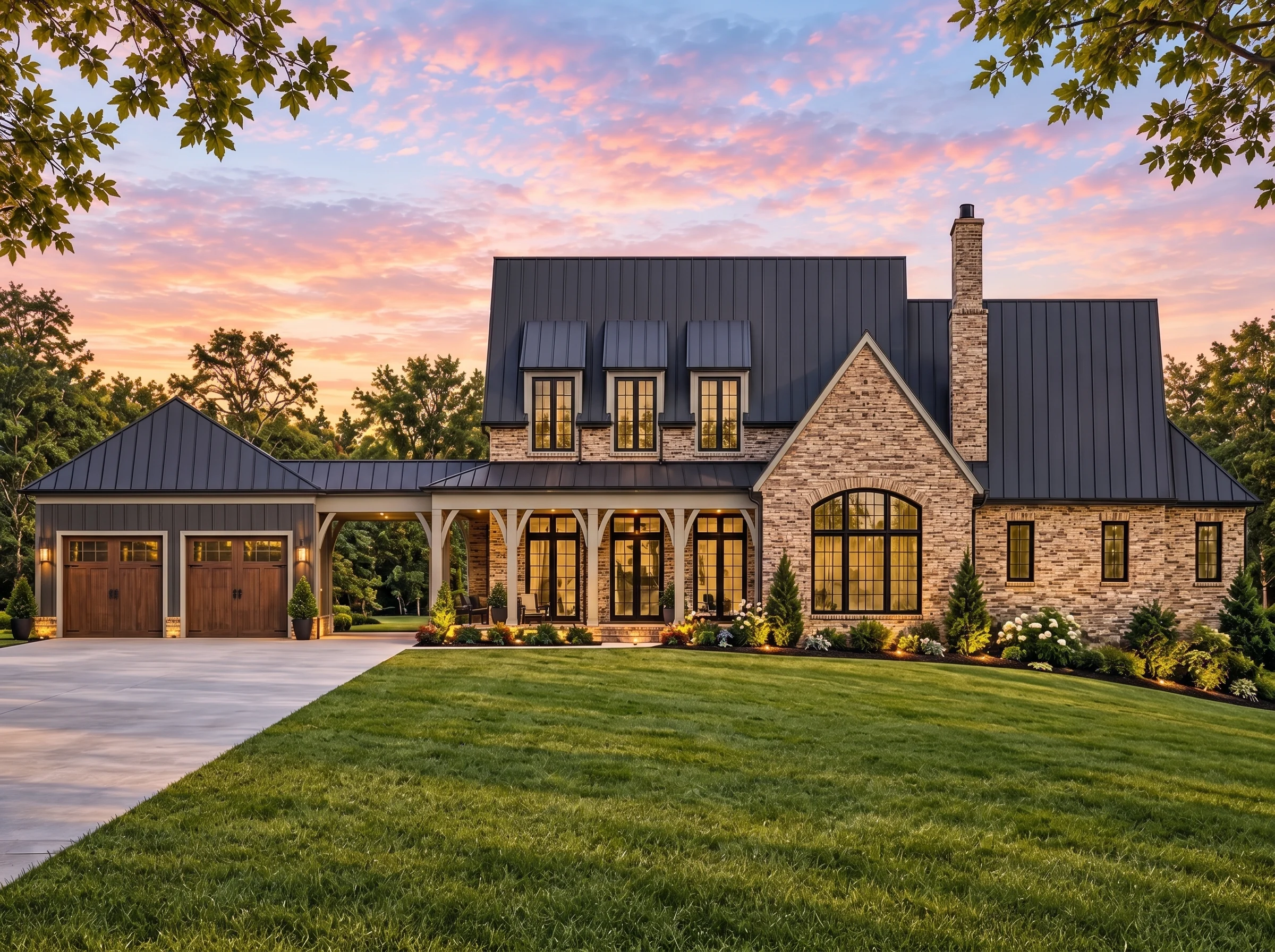 Plan  17-1630 – HomieSphere |  Georgian – 5-Bed, 5-Bath, 5,494 SF - Warm Charcoal, AI-generated exterior concept