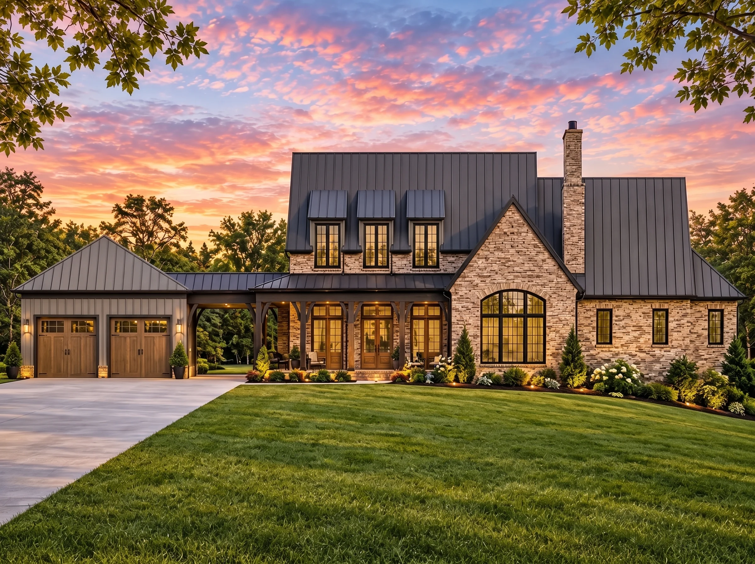 Plan  17-1630 – HomieSphere |  Georgian – 5-Bed, 5-Bath, 5,494 SF - Mushroom Taupe, AI-generated exterior concept