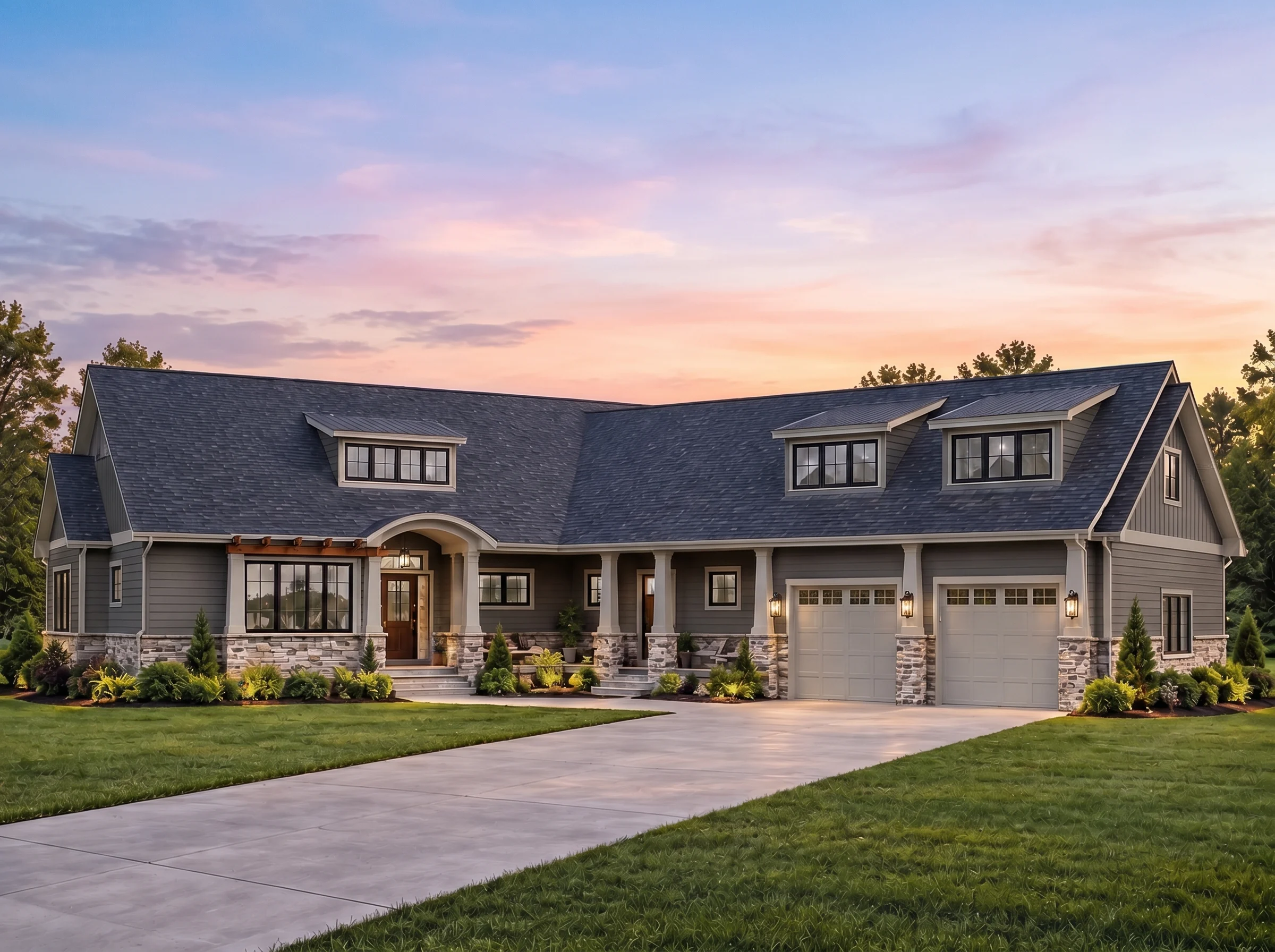Plan  17-1676 – Aster Bridge Chalet  | Modern Farmhouse – 4-Bed, 3.5-Bath, 3,378 SF - Warm Charcoal, AI-generated exterior concept