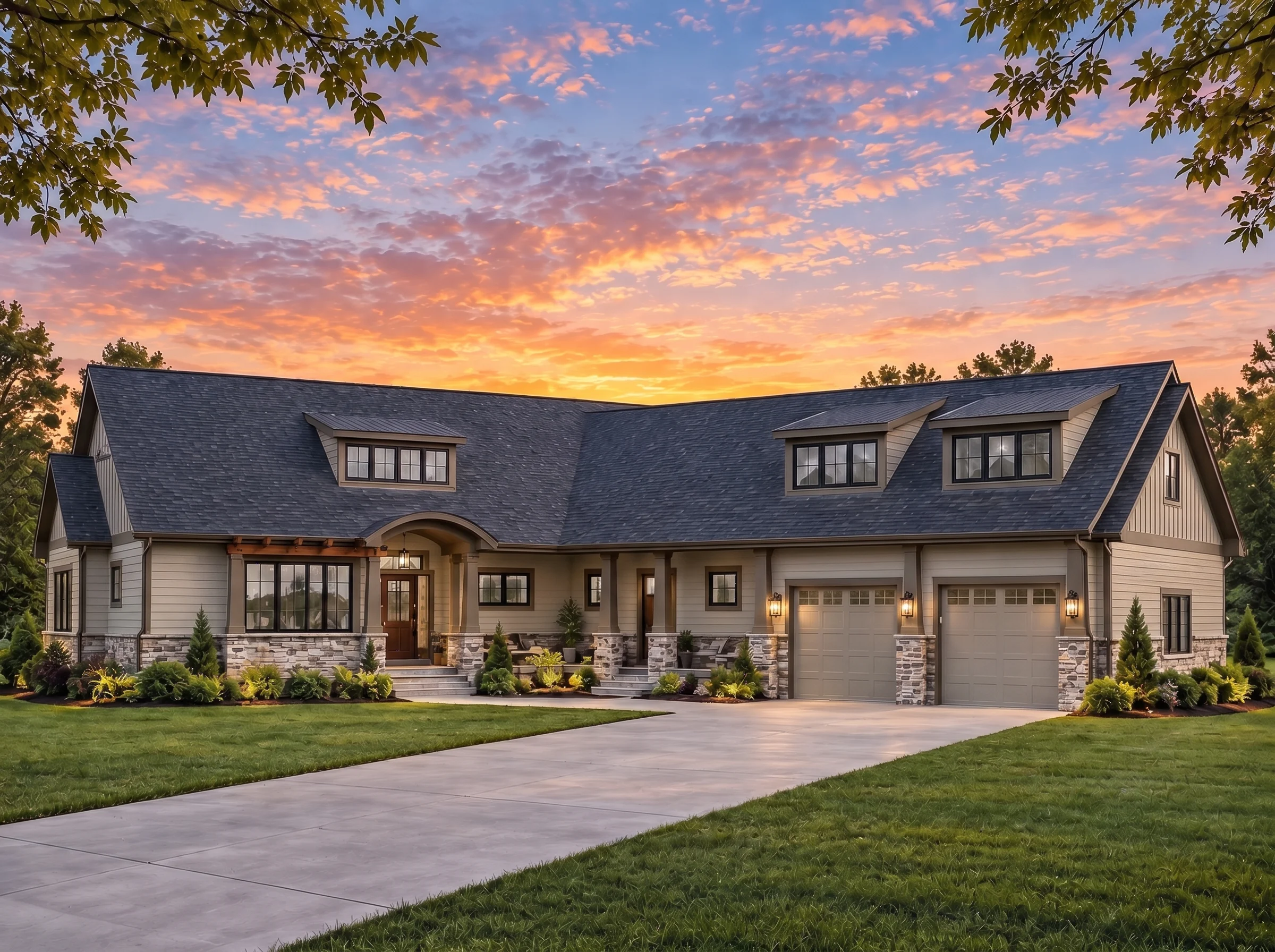 Plan  17-1676 – Aster Bridge Chalet  | Modern Farmhouse – 4-Bed, 3.5-Bath, 3,378 SF - Mushroom Taupe, AI-generated exterior concept