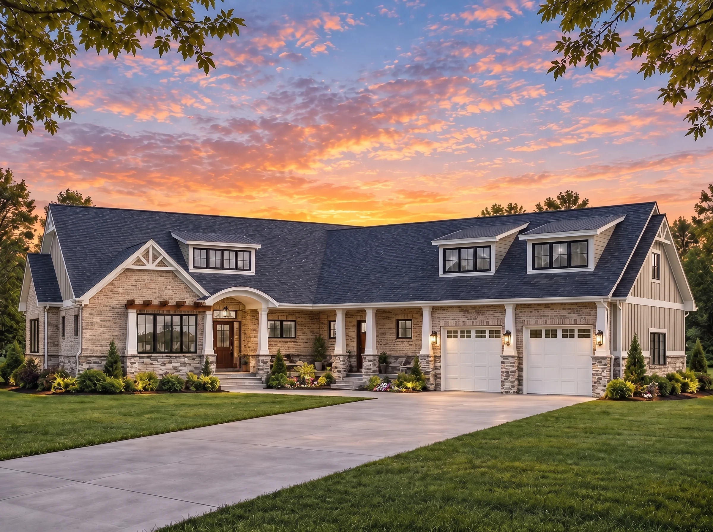 Plan  17-1676 – Aster Bridge Chalet  | Modern Farmhouse – 4-Bed, 3.5-Bath, 3,378 SF - Natural Brick, AI-generated exterior concept