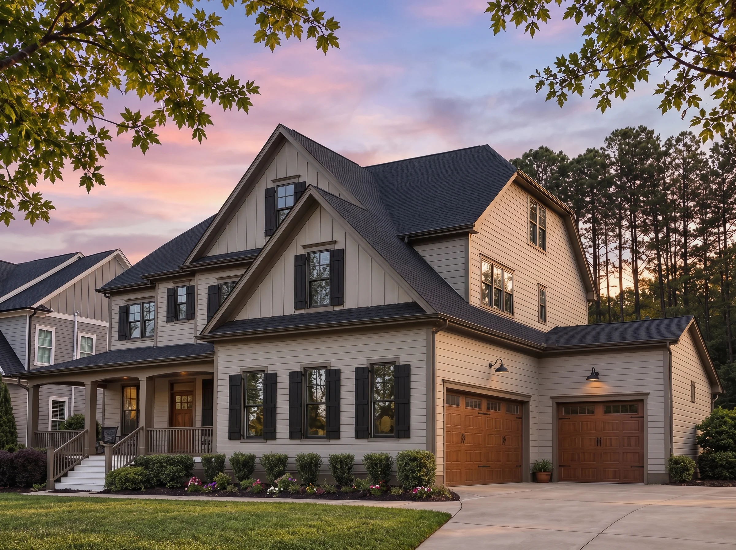 Plan  17-1685 – Aster Cedar Lodge |  New American – 5-Bed, 4-Bath, 3,620 SF - Mushroom Taupe, AI-generated exterior concept