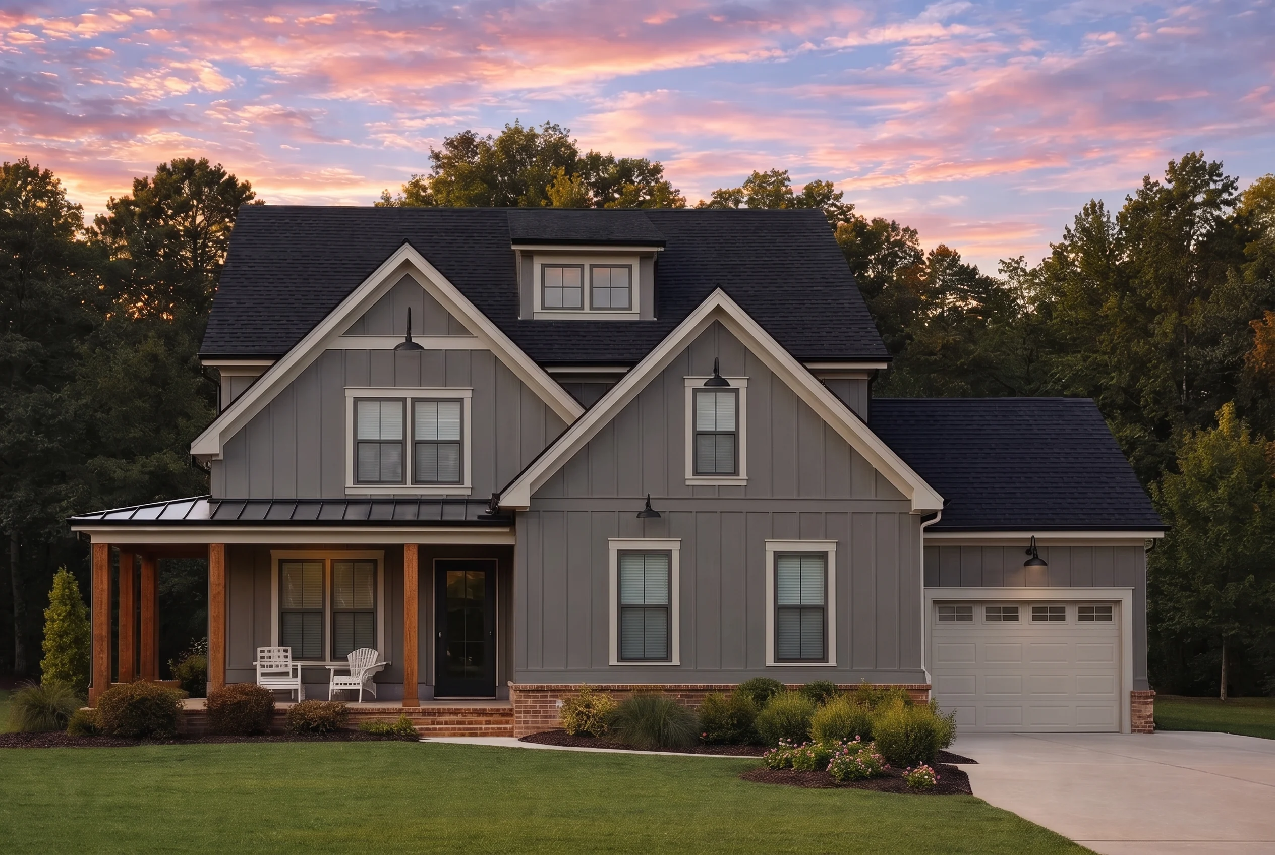 Plan  17-1704 – The Campbell House |  New American – 4-Bed, 3.5-Bath, 2,833 SF - Warm Charcoal, AI-generated exterior concept