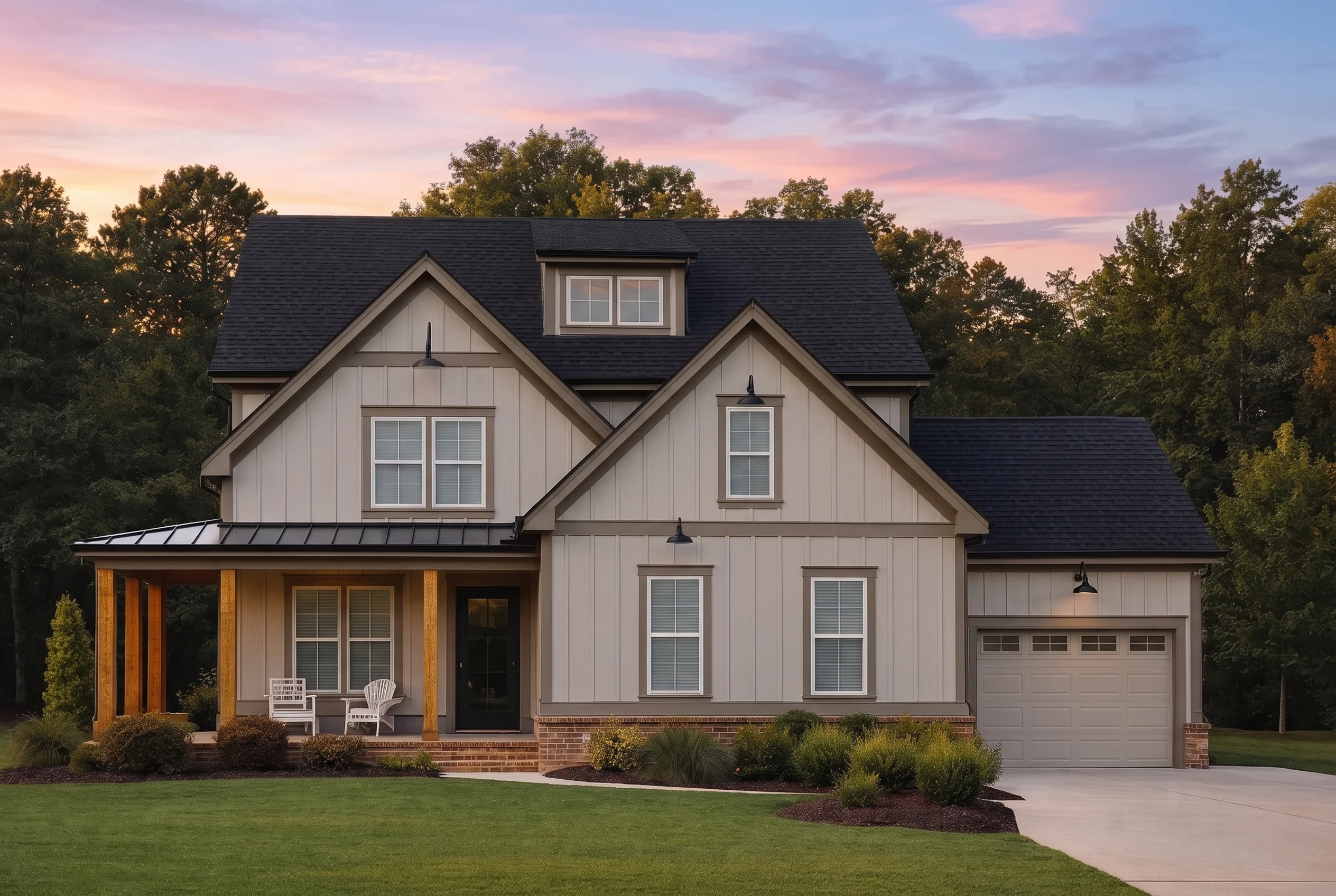 Plan  17-1704 – The Campbell House |  New American – 4-Bed, 3.5-Bath, 2,833 SF - Mushroom Taupe, AI-generated exterior concept