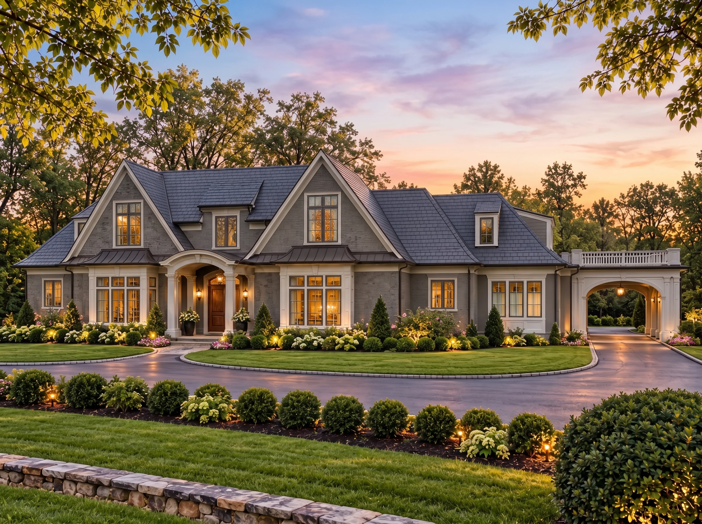 Plan  17-1717 – Parker Place |  French Country – 4-Bed, 3.5-Bath, 6,439 SF - Warm Charcoal, AI-generated exterior concept