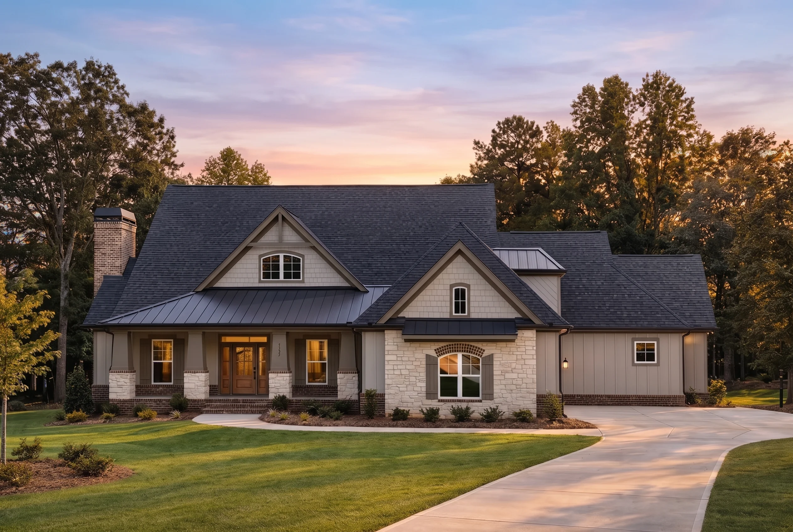 Plan  17-1712 – Auburn Springs Estate  | Modern Farmhouse – 4-Bed, 3.5-Bath, 2,131 SF - Mushroom Taupe, AI-generated exterior concept