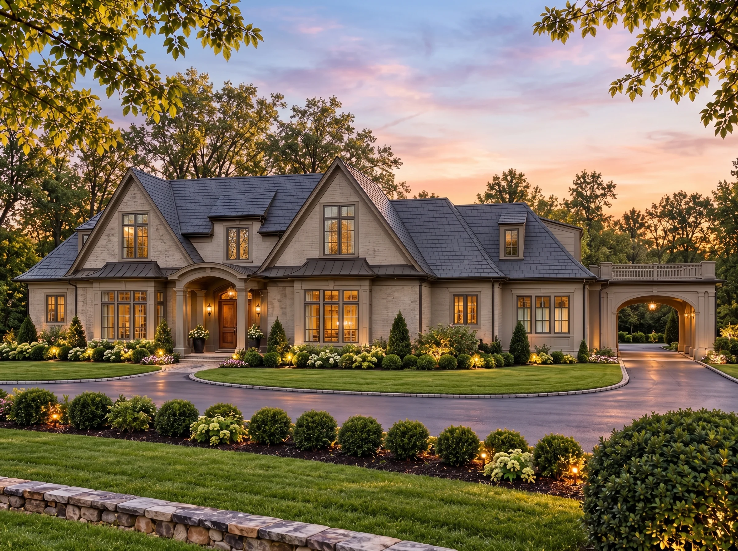 Plan  17-1717 – Parker Place |  French Country – 4-Bed, 3.5-Bath, 6,439 SF - Mushroom Taupe, AI-generated exterior concept