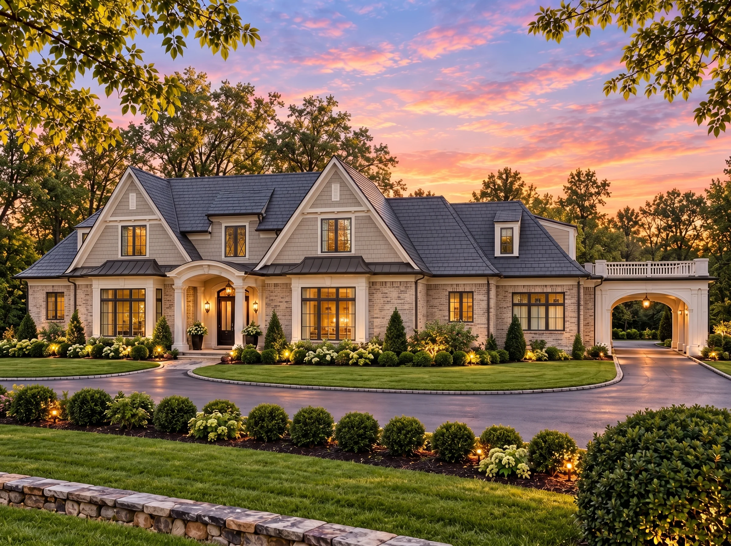 Plan  17-1717 – Parker Place |  French Country – 4-Bed, 3.5-Bath, 6,439 SF - Natural Brick, AI-generated exterior concept
