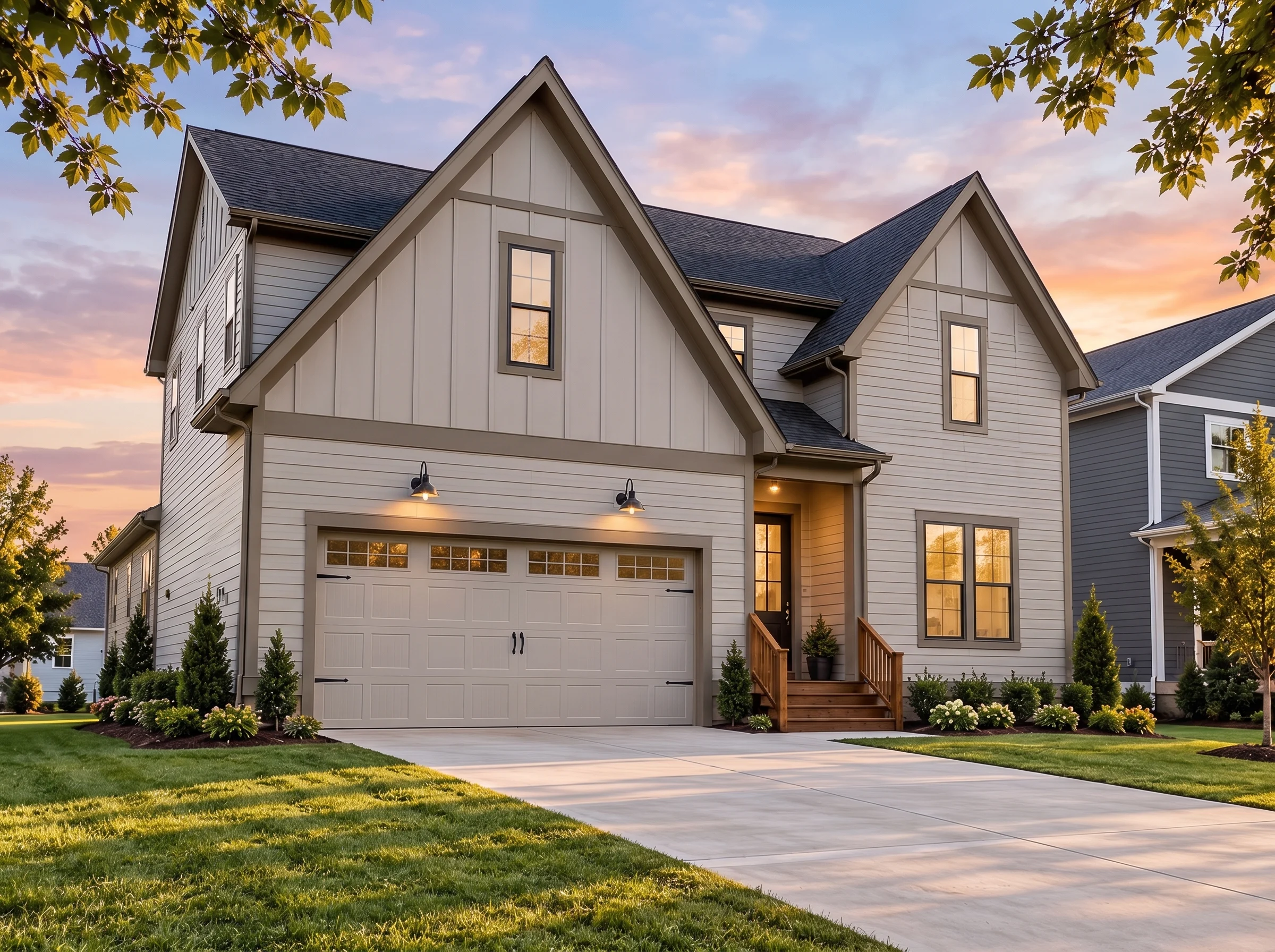 Plan  17-1718 – The Evans Station |  Modern Farmhouse – 3-Bed, 3.5-Bath, 2,510 SF - Mushroom Taupe, AI-generated exterior concept