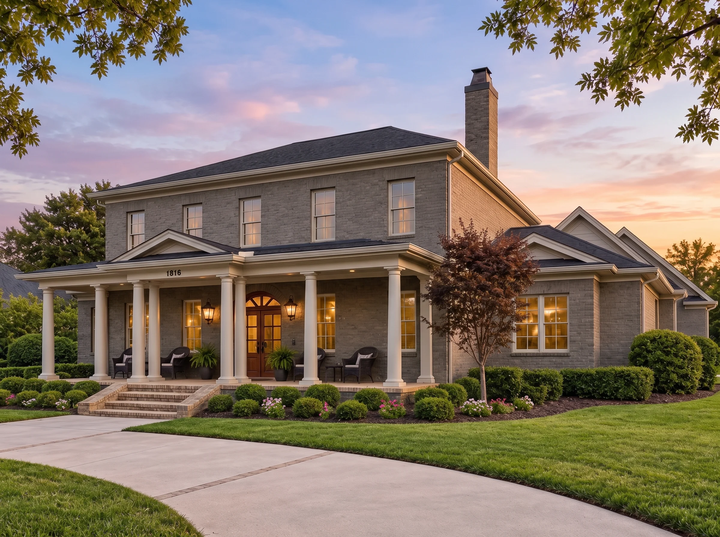 Plan  17-1739 – Auburn Brook Villa |  Georgian Colonial – 5-Bed, 5-Bath, 4,729 SF - Warm Charcoal, AI-generated exterior concept