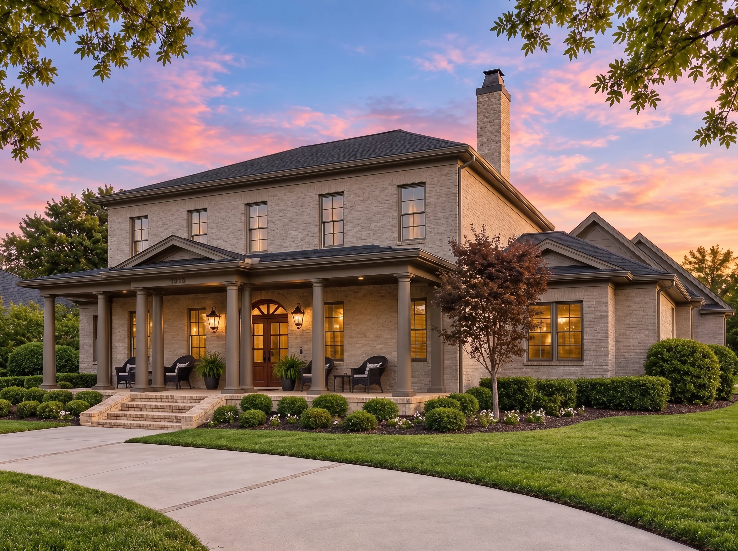 Plan  17-1739 – Auburn Brook Villa |  Georgian Colonial – 5-Bed, 5-Bath, 4,729 SF - Mushroom Taupe, AI-generated exterior concept