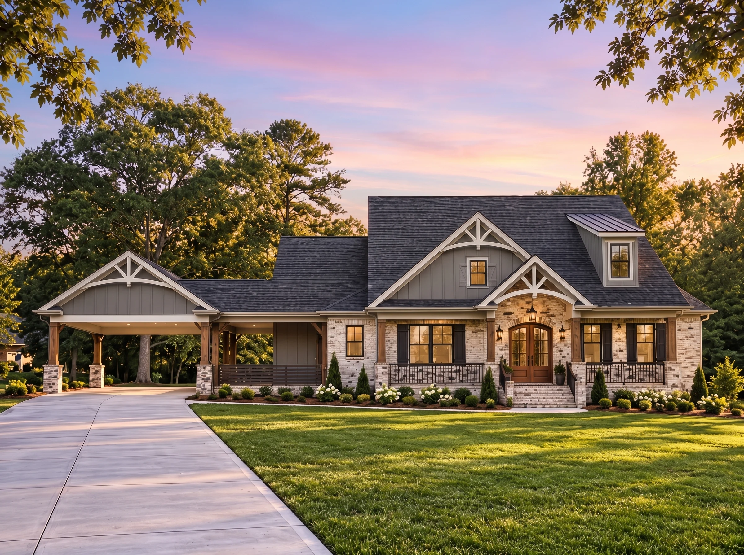 Plan  17-1742 – Auburn Bluff Farm |  Craftsman – 3-Bed, 3.5-Bath, 4,677 SF - Warm Charcoal, AI-generated exterior concept