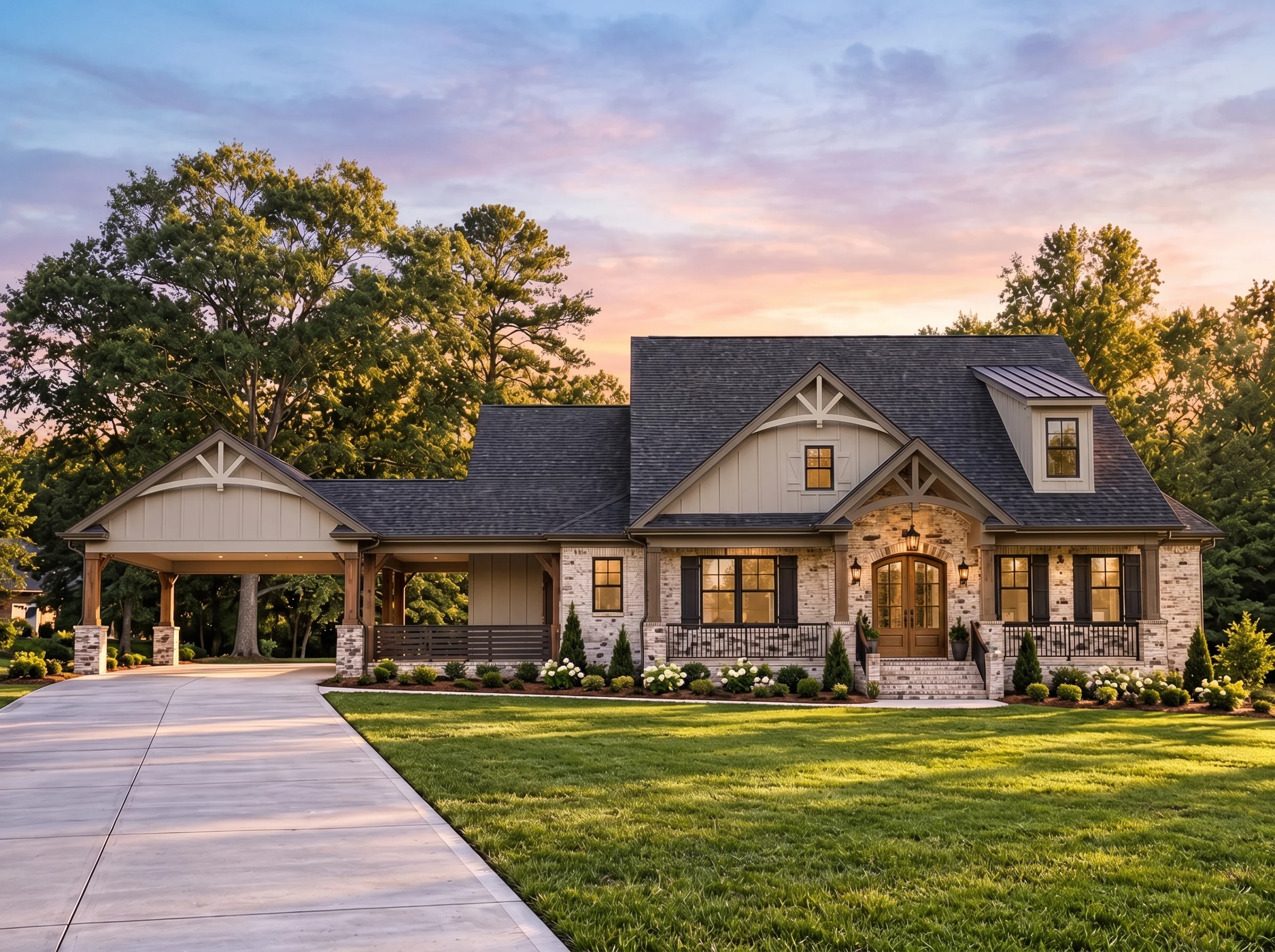 Plan  17-1742 – Auburn Bluff Farm |  Craftsman – 3-Bed, 3.5-Bath, 4,677 SF - Mushroom Taupe, AI-generated exterior concept