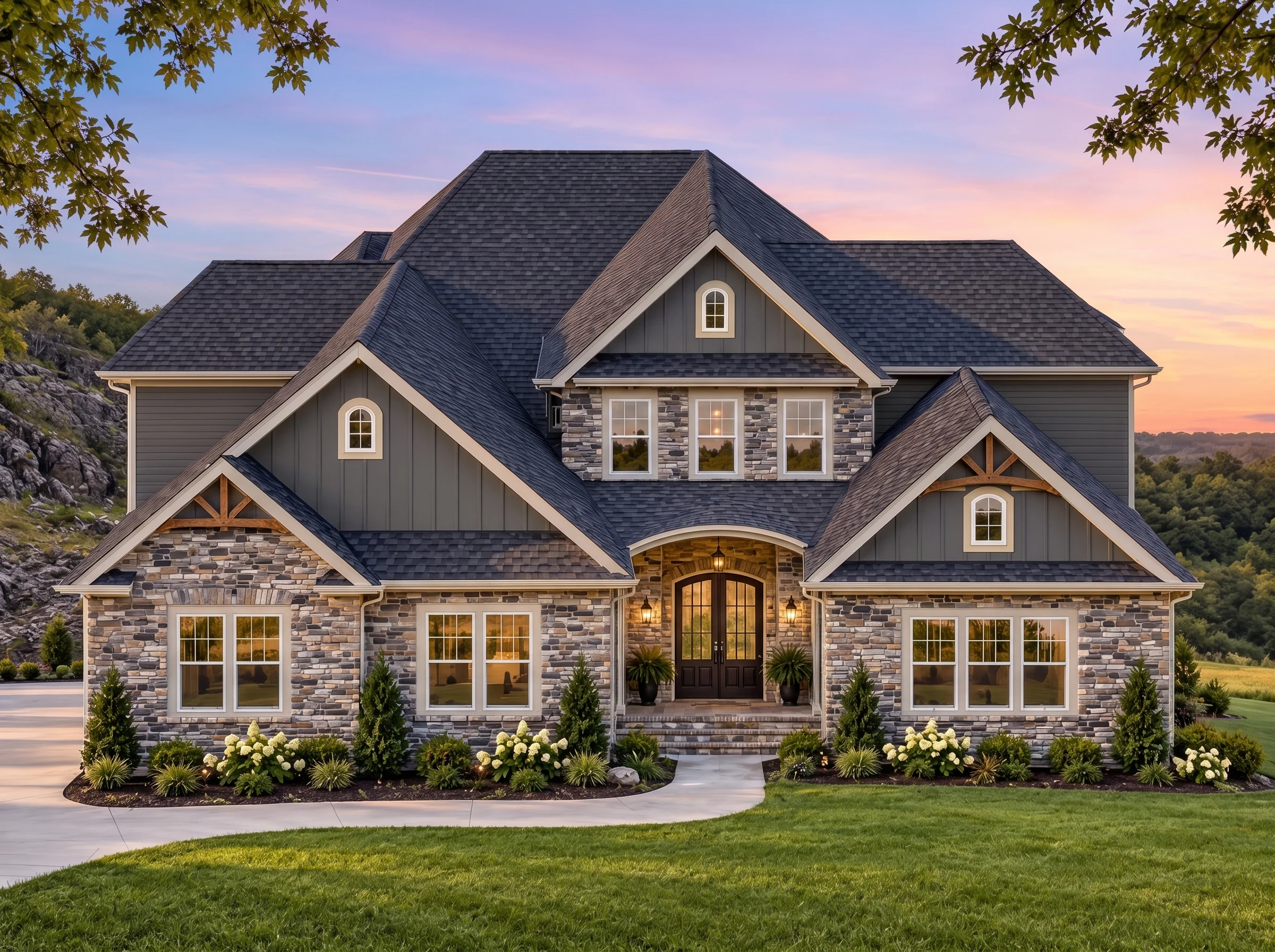 Plan  17-1784 – Aster Crossing Chalet  | New American – 4-Bed, 3.5-Bath, 5,335 SF - Warm Charcoal, AI-generated exterior concept