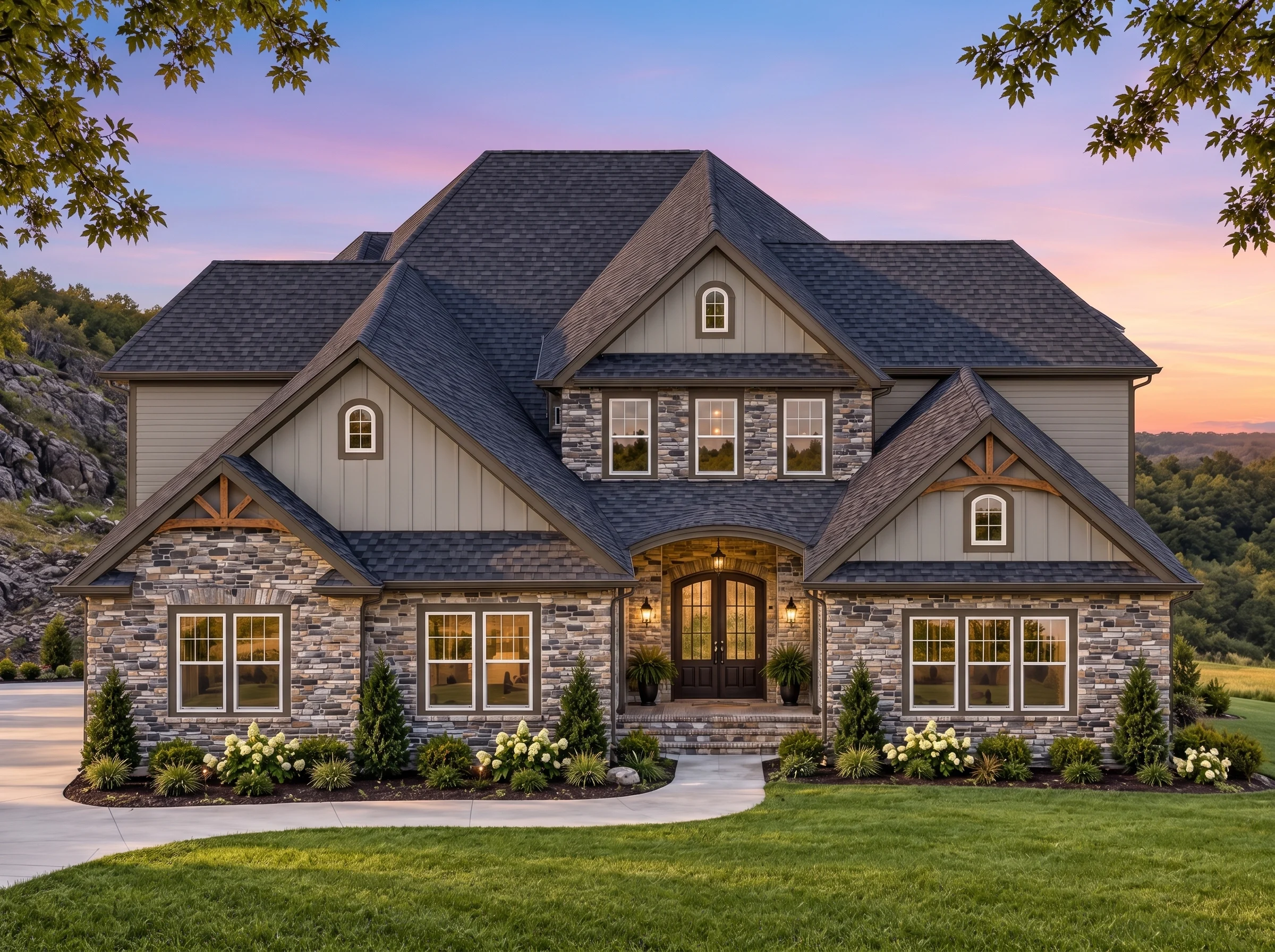 Plan  17-1784 – Aster Crossing Chalet  | New American – 4-Bed, 3.5-Bath, 5,335 SF - Mushroom Taupe, AI-generated exterior concept