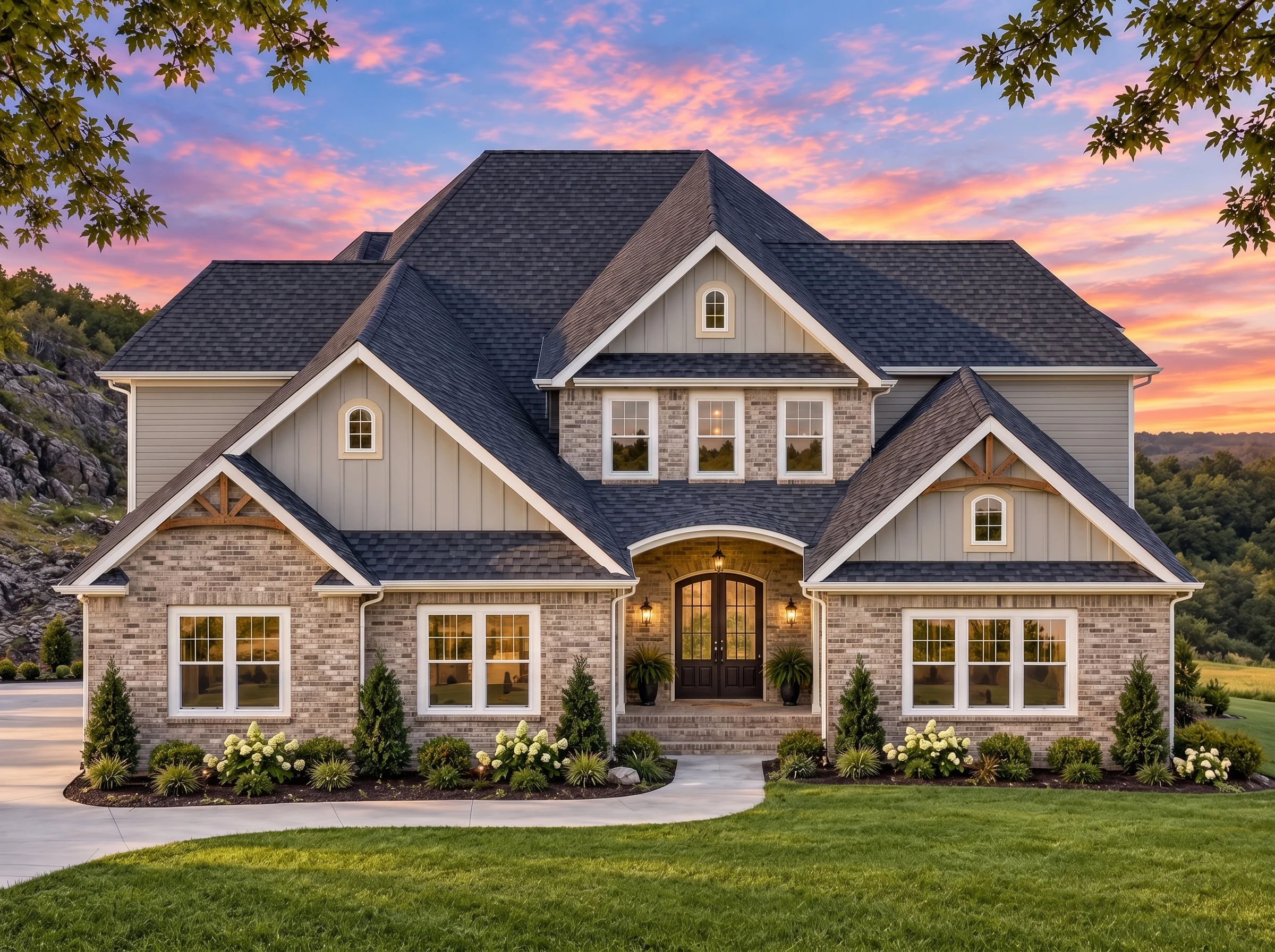 Plan  17-1784 – Aster Crossing Chalet  | New American – 4-Bed, 3.5-Bath, 5,335 SF - Natural Brick, AI-generated exterior concept