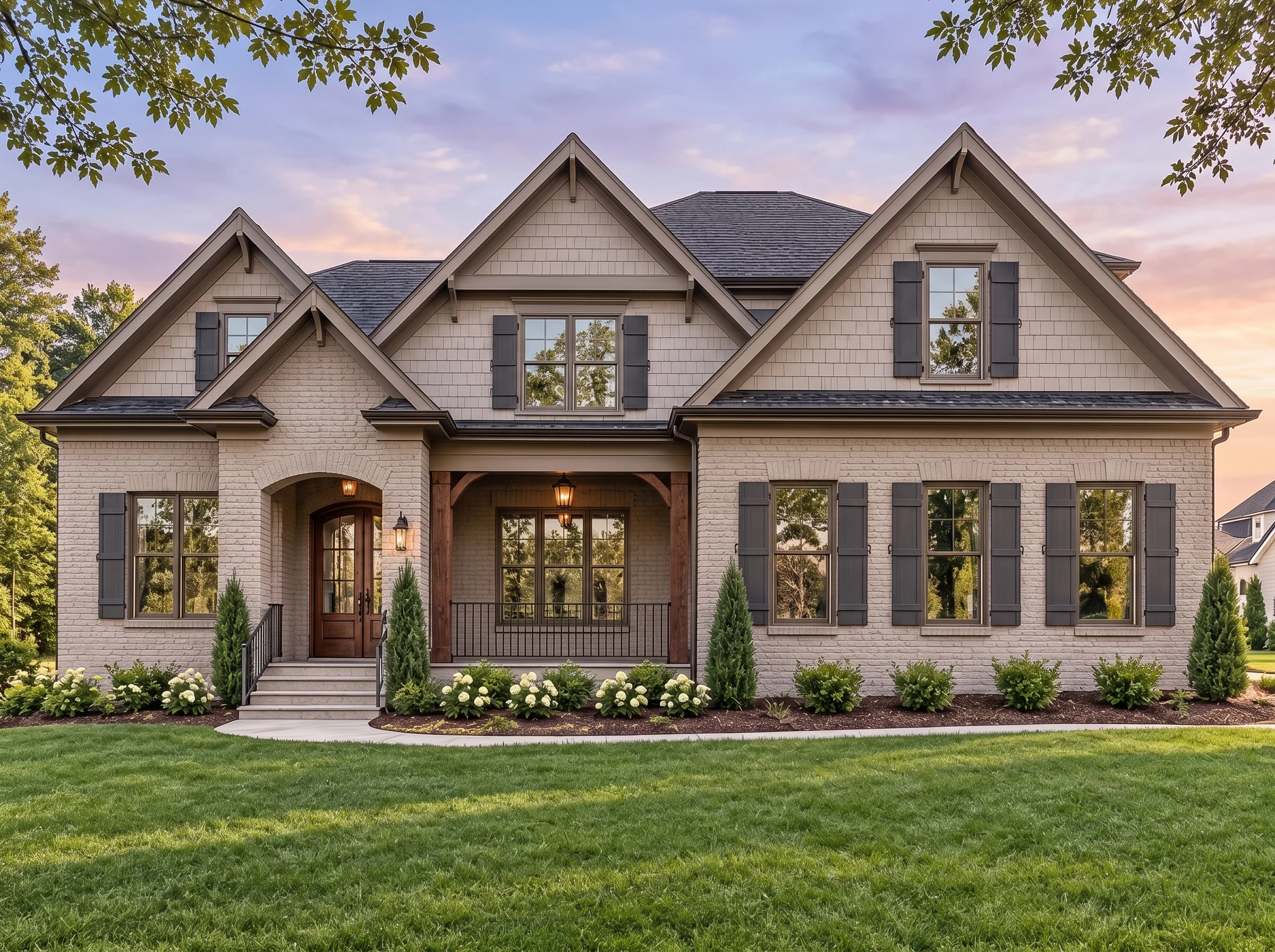 Plan  17-1853B – Ravenloft Manor |  New American – 5-Bed, 3.5-Bath, 3,996 SF - Mushroom Taupe, AI-generated exterior concept
