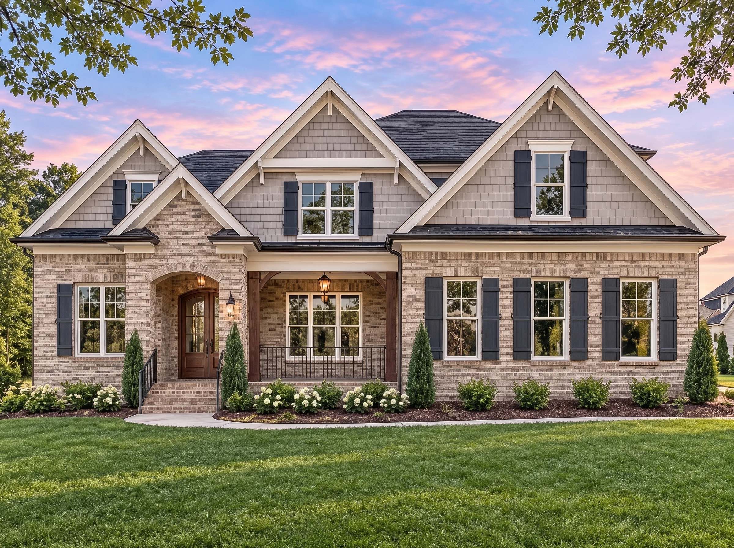 Plan  17-1853B – Ravenloft Manor |  New American – 5-Bed, 3.5-Bath, 3,996 SF - Natural Brick, AI-generated exterior concept