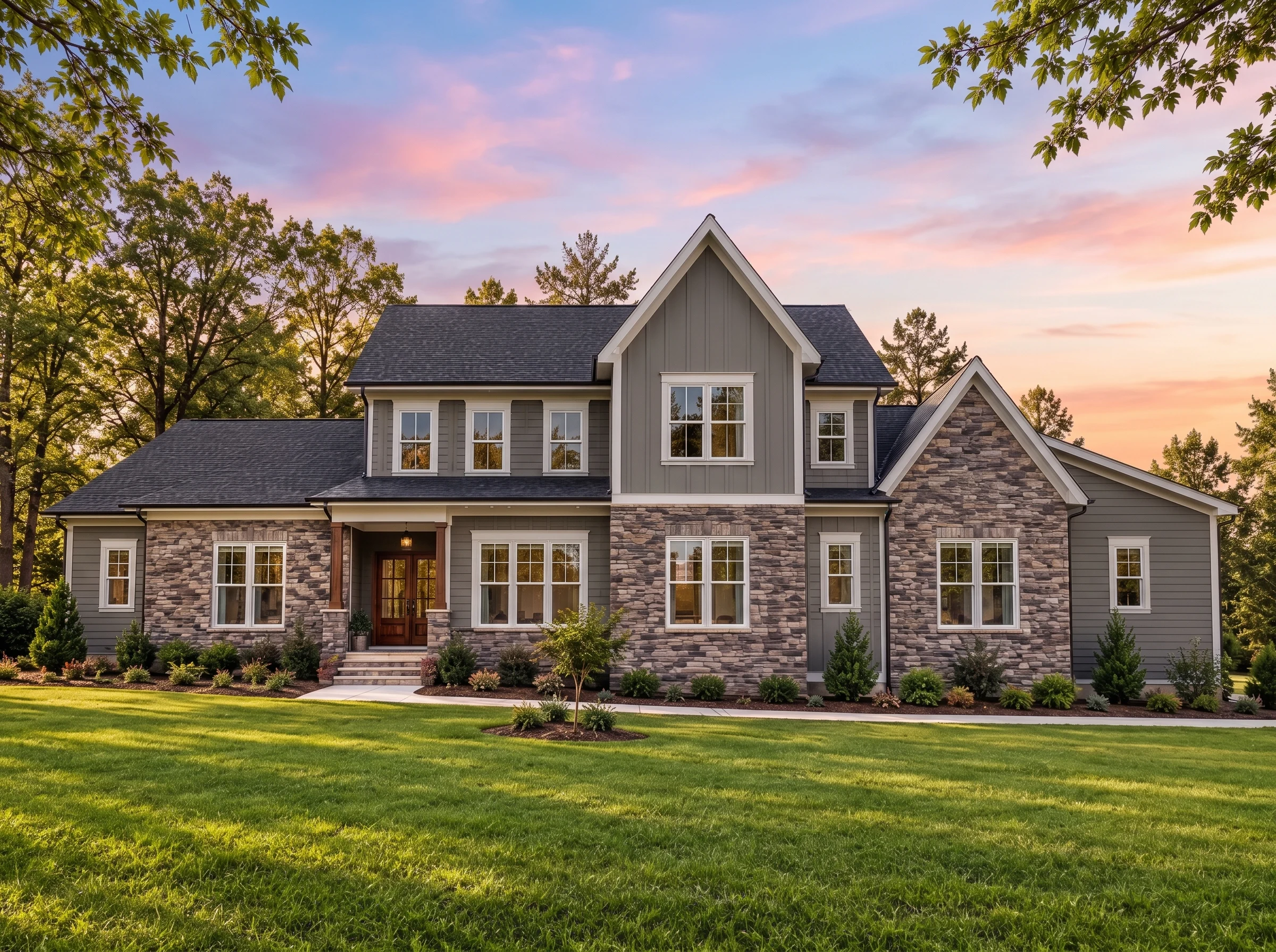 Plan  17-2066 – The Ward Farmhouse |  New American – 4-Bed, 4-Bath, 3,402 SF - Warm Charcoal, AI-generated exterior concept