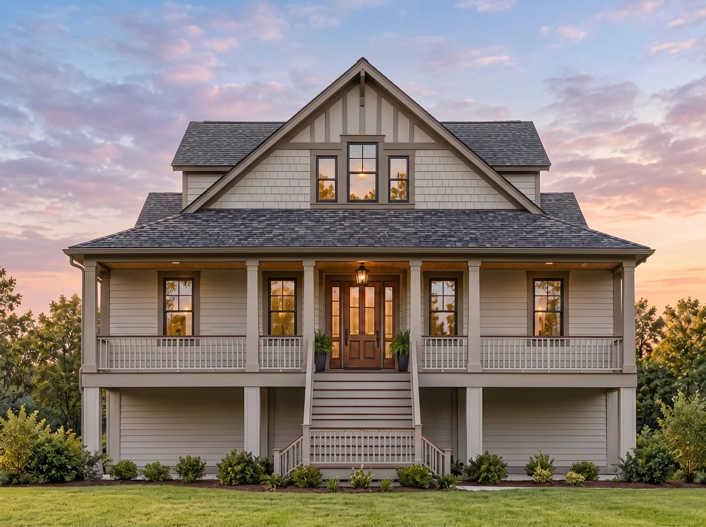 Plan  17-2069 – Norfolk Manor |  Cottage – 3-Bed, 3-Bath, 5,693 SF - Mushroom Taupe, AI-generated exterior concept