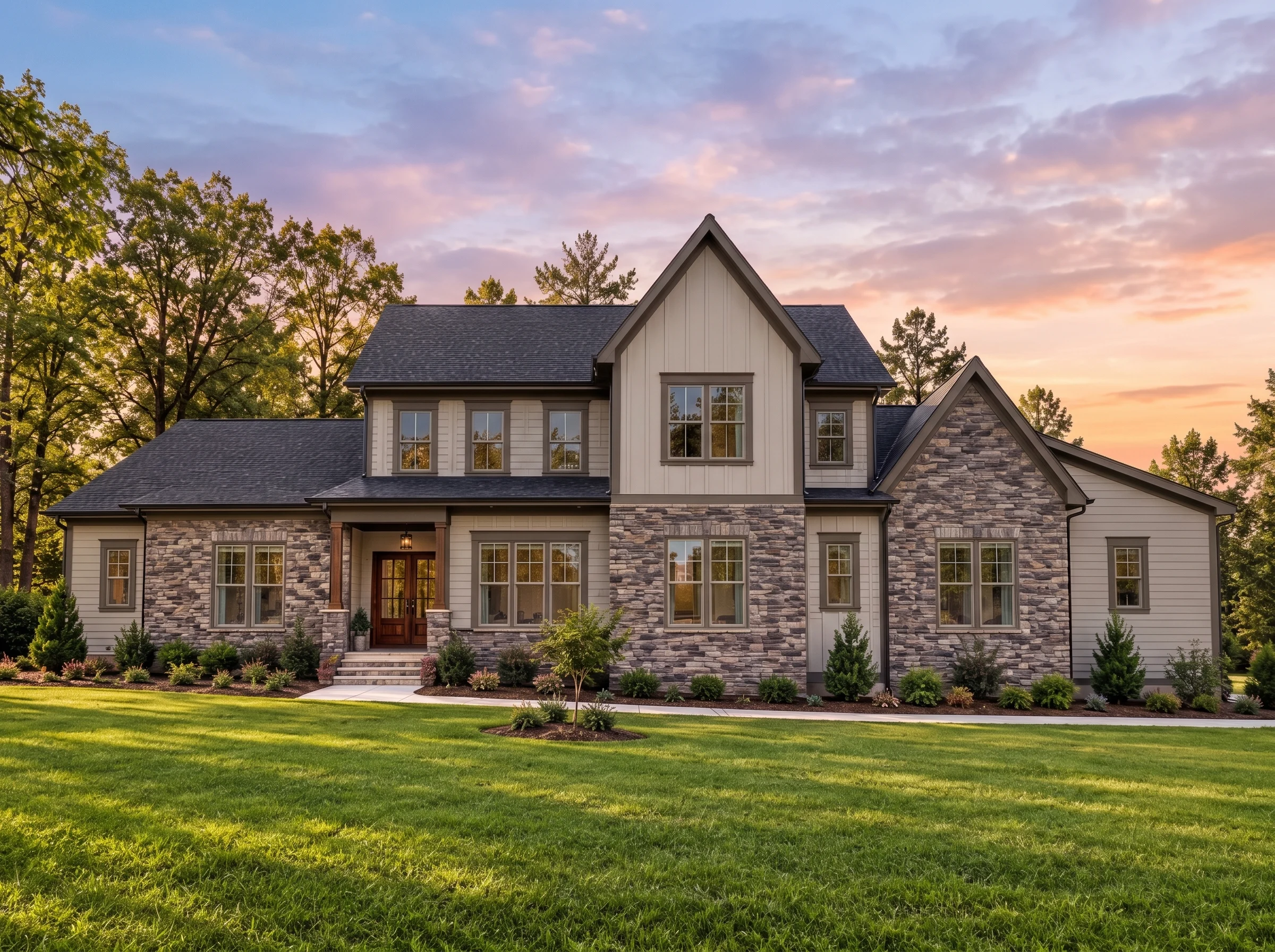 Plan  17-2066 – The Ward Farmhouse |  New American – 4-Bed, 4-Bath, 3,402 SF - Mushroom Taupe, AI-generated exterior concept