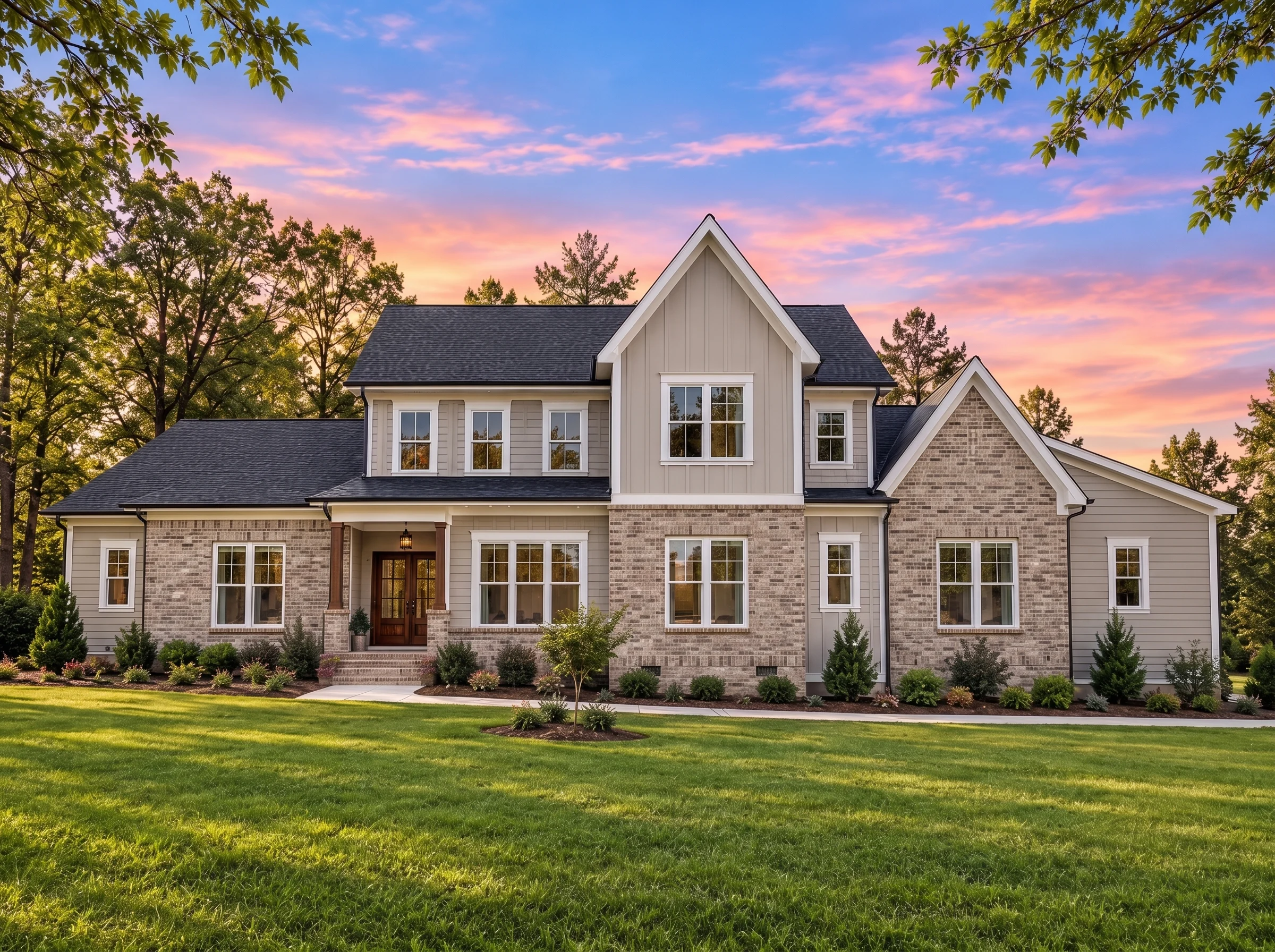 Plan  17-2066 – The Ward Farmhouse |  New American – 4-Bed, 4-Bath, 3,402 SF - Natural Brick, AI-generated exterior concept