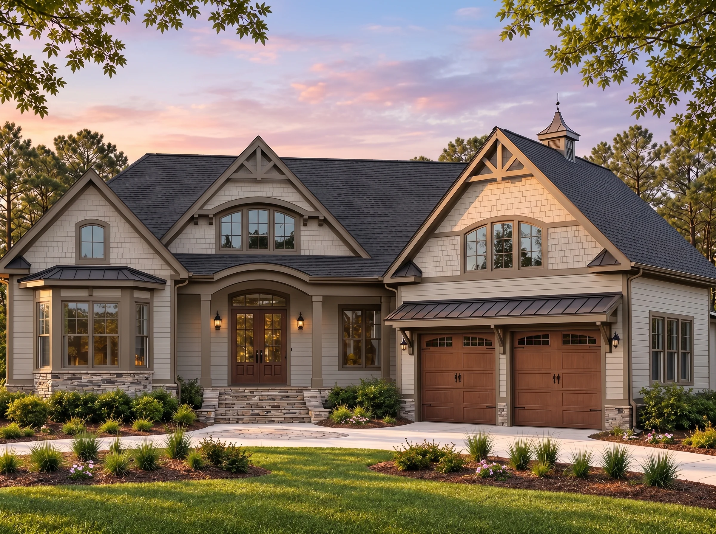 Plan  17-2052 – Carolina Old North |  Shingle Style – 3-Bed, 3.5-Bath, 3,605 SF - Mushroom Taupe, AI-generated exterior concept