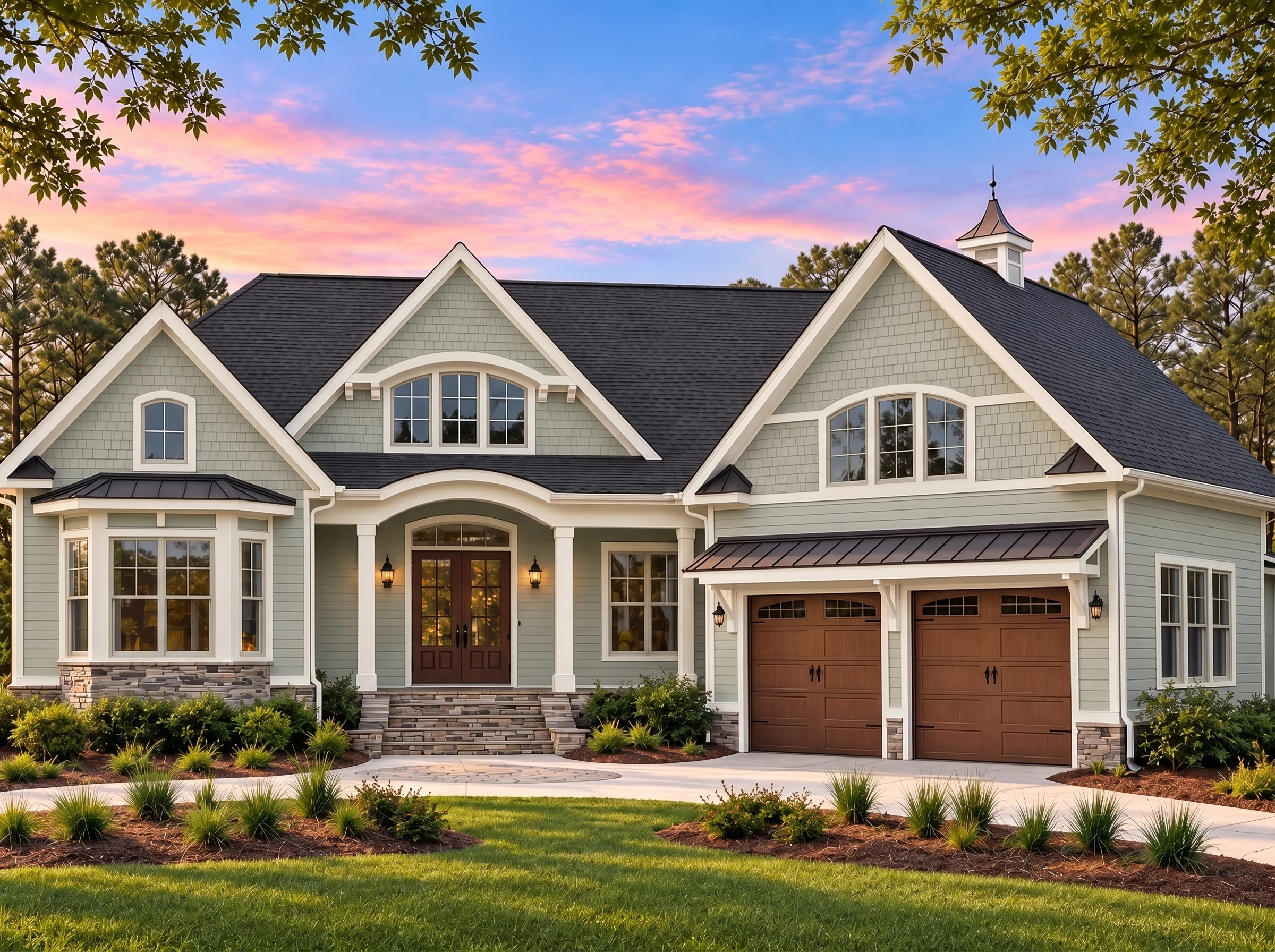 Plan  17-2052 – Carolina Old North |  Shingle Style – 3-Bed, 3.5-Bath, 3,605 SF - Muted Sage, AI-generated exterior concept