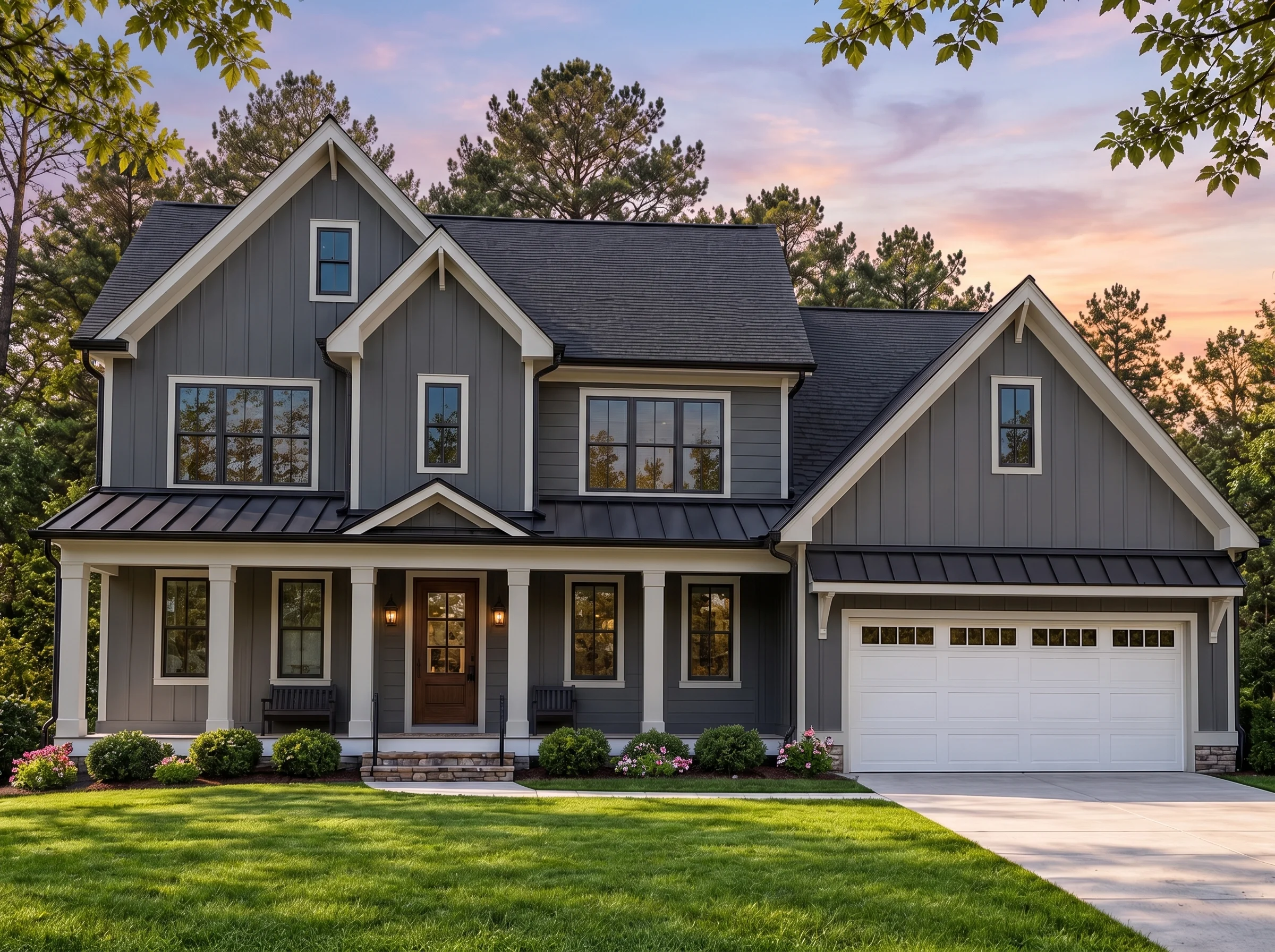 Plan  17-2047 – Auburn Bend Homestead  | Modern Farmhouse – 4-Bed, 3.5-Bath, 2,950 SF - Warm Charcoal, AI-generated exterior concept
