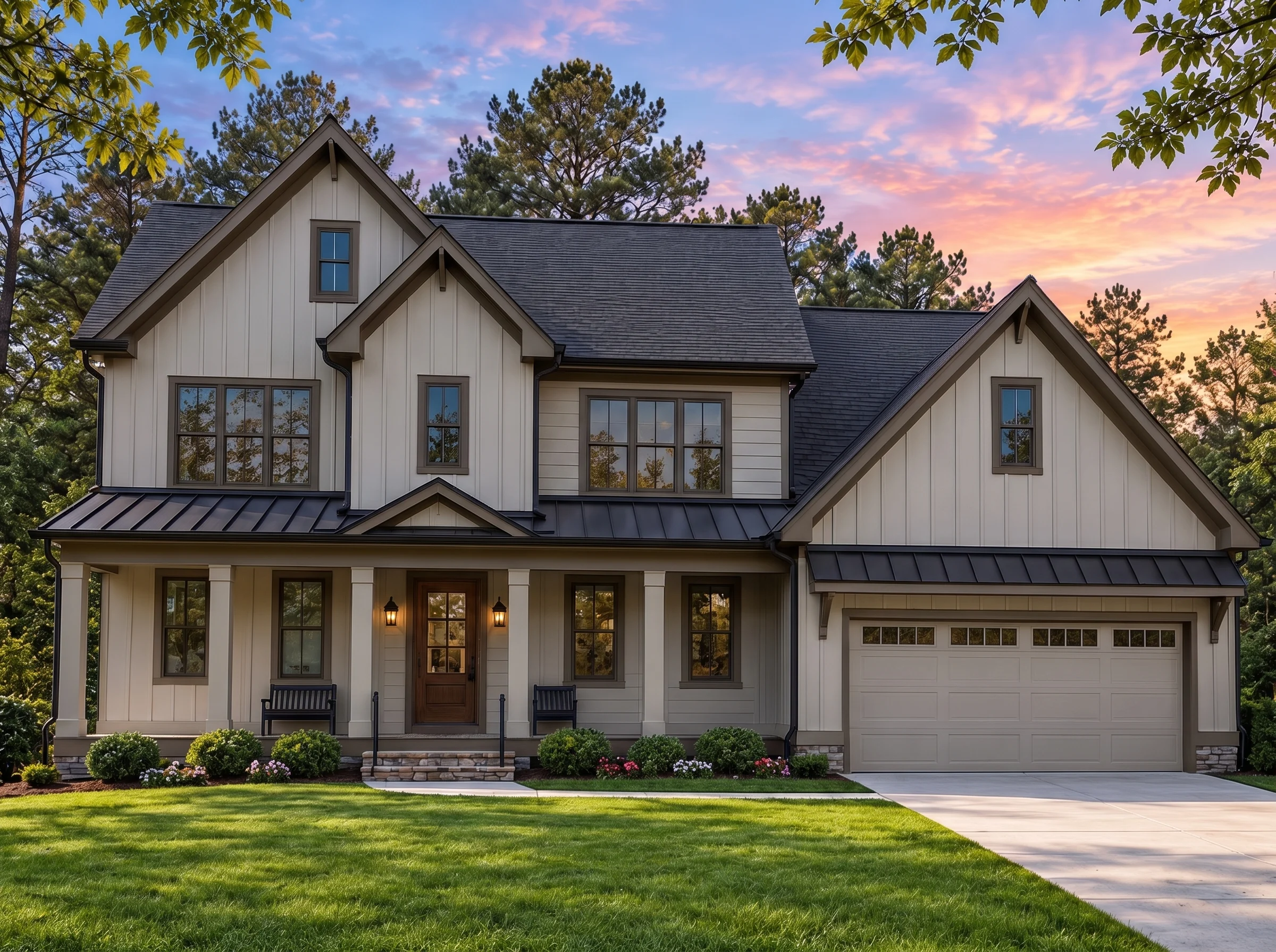 Plan  17-2047 – Auburn Bend Homestead  | Modern Farmhouse – 4-Bed, 3.5-Bath, 2,950 SF - Mushroom Taupe, AI-generated exterior concept