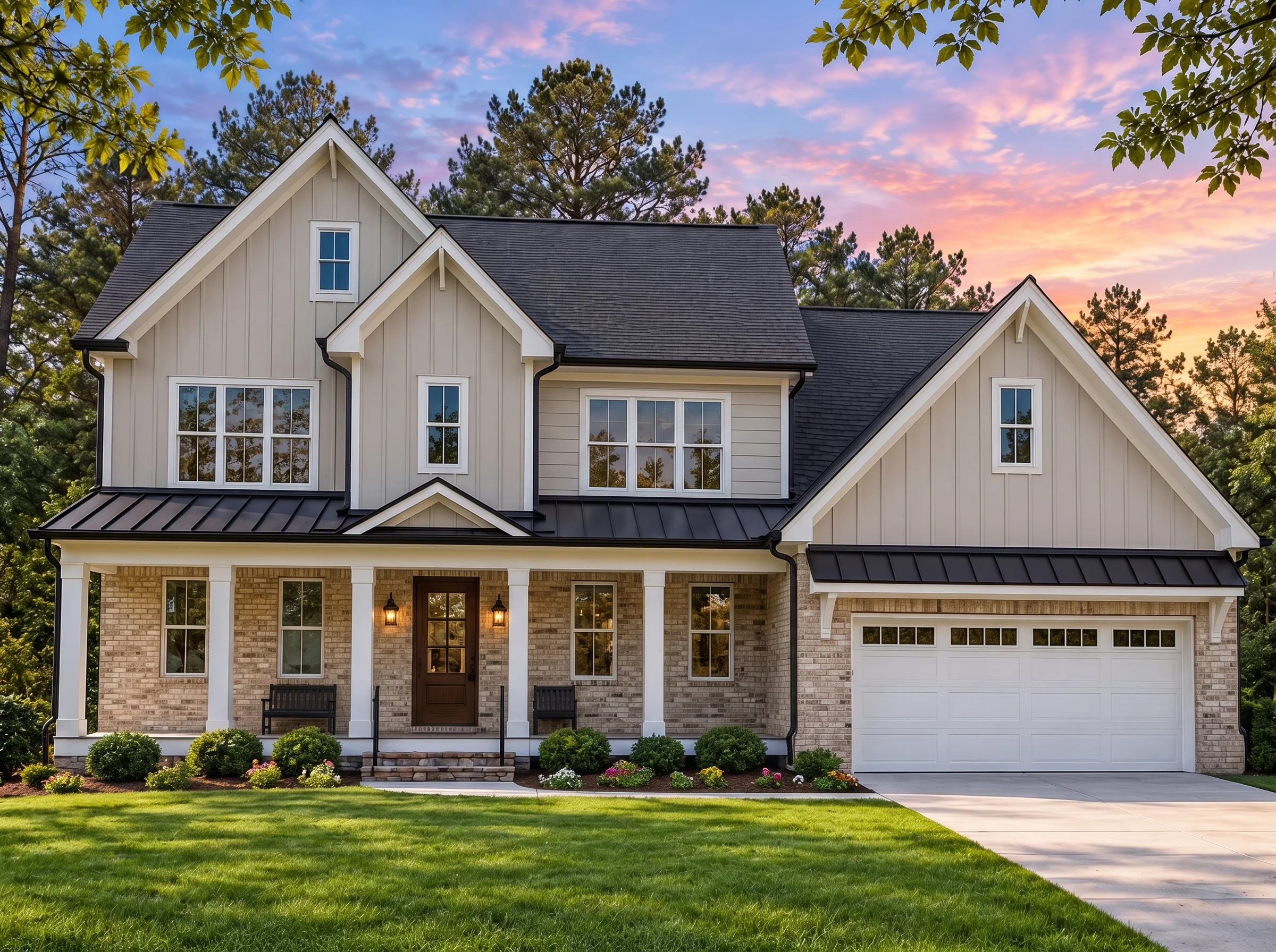 Plan  17-2047 – Auburn Bend Homestead  | Modern Farmhouse – 4-Bed, 3.5-Bath, 2,950 SF - Natural Brick, AI-generated exterior concept