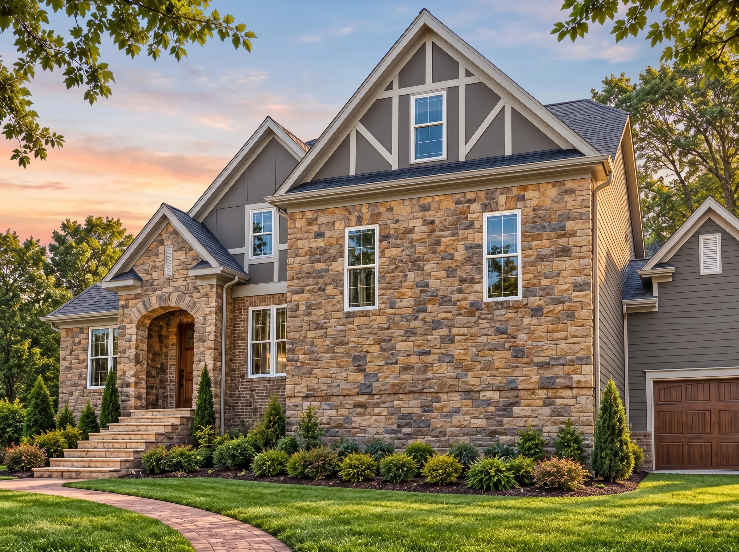 Plan  17-2007 – CozyHomestead |  Tudor Revival – 5-Bed, 3.5-Bath, 2,942 SF - Warm Charcoal, AI-generated exterior concept