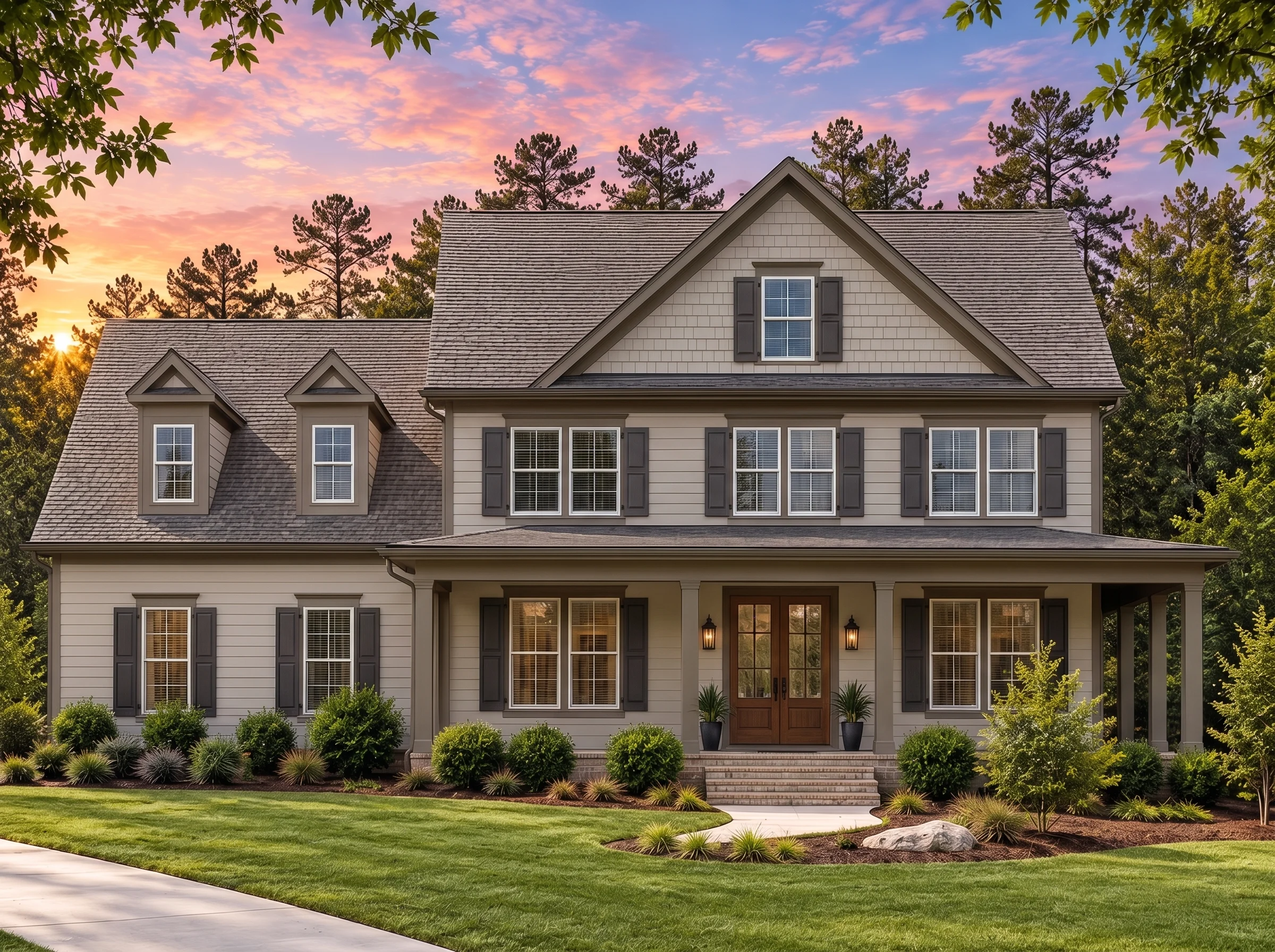 Plan  17-2027 – HomeGuardHaven |  Colonial – 4-Bed, 3.5-Bath, 2,885 SF - Mushroom Taupe, AI-generated exterior concept