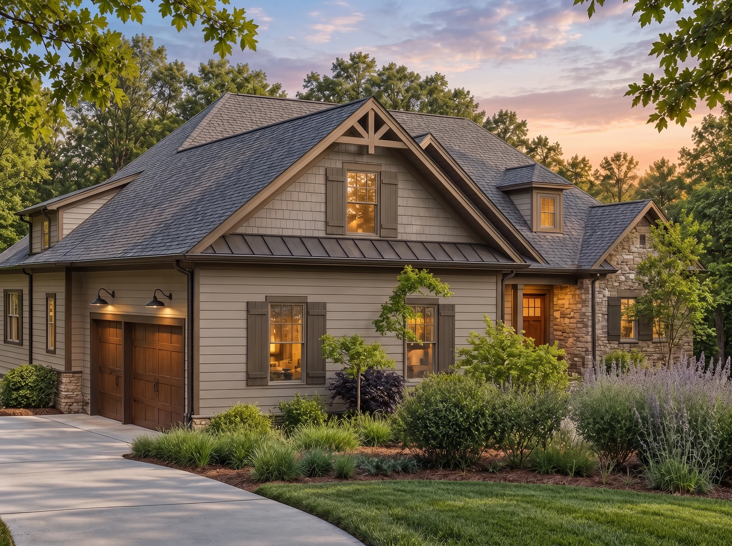 Plan  17-2012 – Aster Creek Manor |  Craftsman – 4-Bed, 3-Bath, 4,887 SF - Mushroom Taupe, AI-generated exterior concept