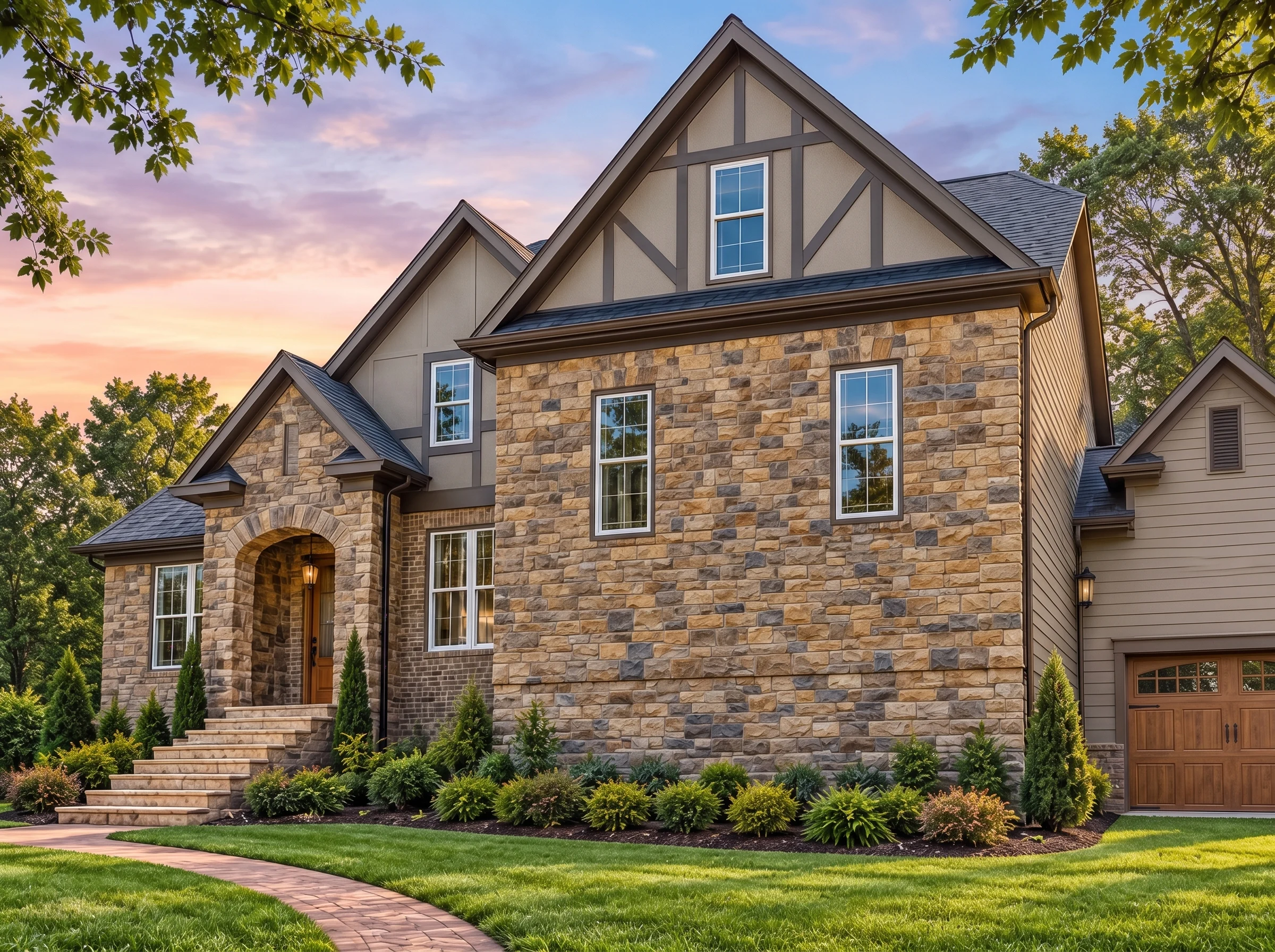 Plan  17-2007 – CozyHomestead |  Tudor Revival – 5-Bed, 3.5-Bath, 2,942 SF - Mushroom Taupe, AI-generated exterior concept