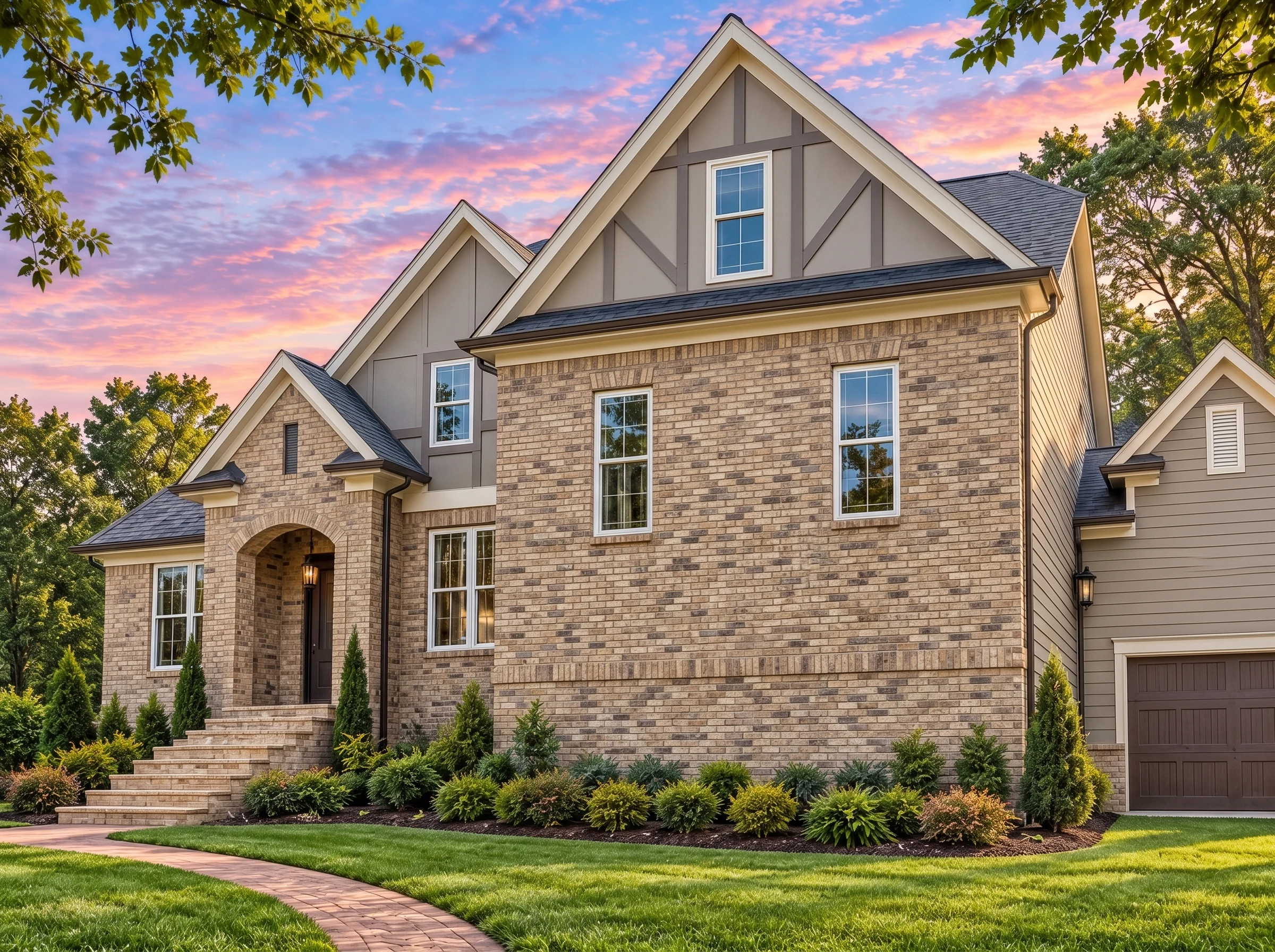 Plan  17-2007 – CozyHomestead |  Tudor Revival – 5-Bed, 3.5-Bath, 2,942 SF - Natural Brick, AI-generated exterior concept