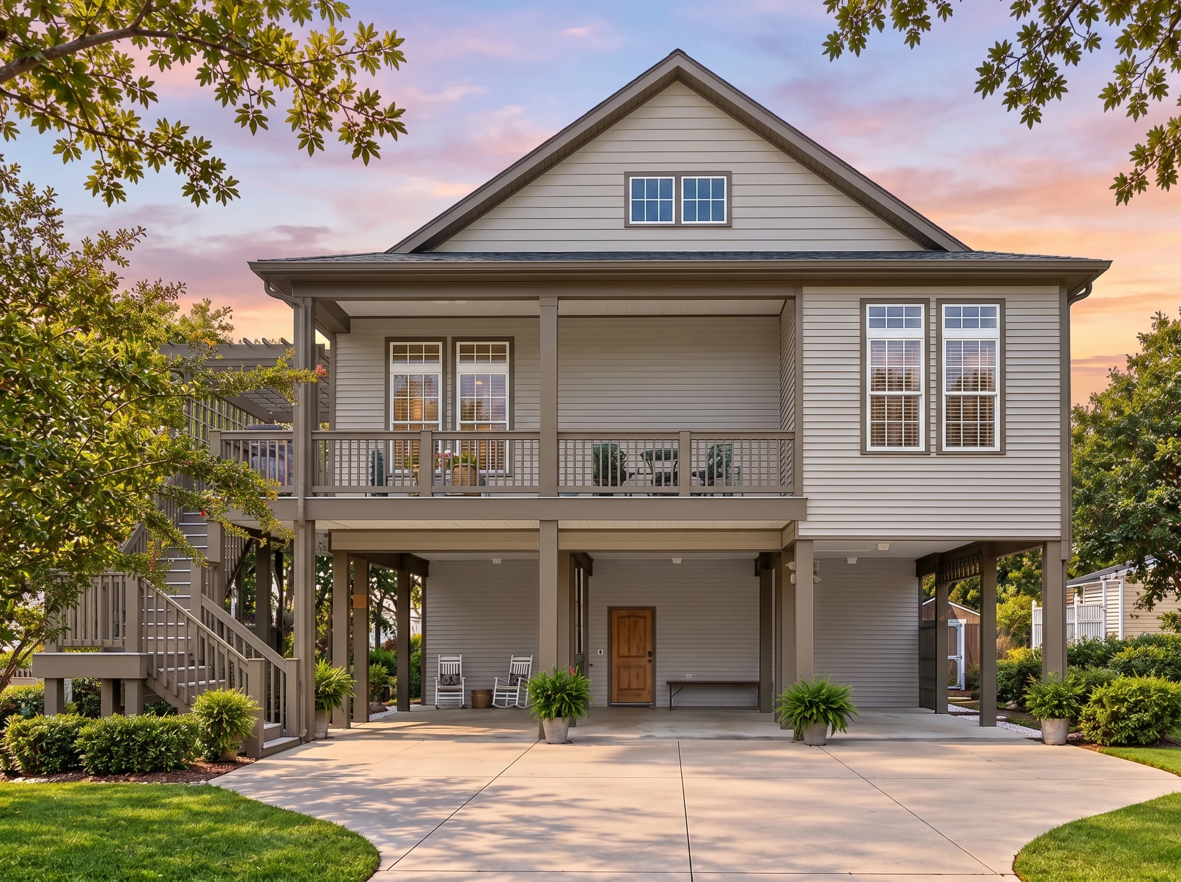 Plan  17-1954 – Murphy Retreat |  Coastal – 2-Bed, 2-Bath, 1,390 SF - Mushroom Taupe, AI-generated exterior concept