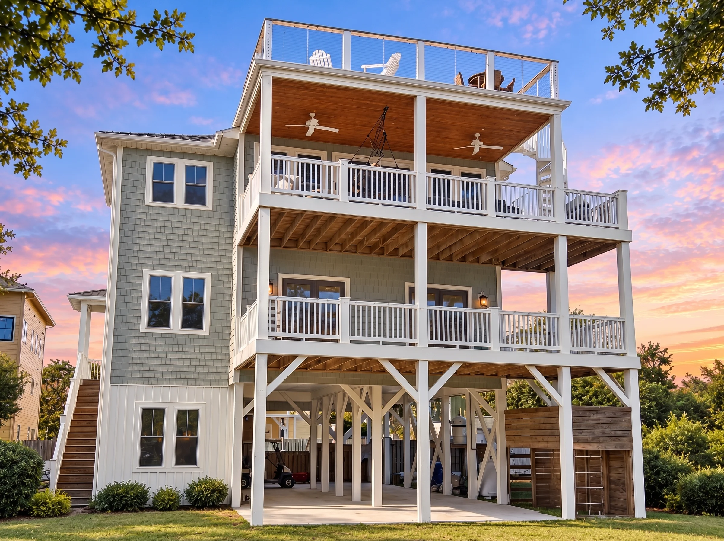 Plan  17-2099 – Gray Meadow |  Coastal – 6-Bed, 5-Bath, 6,098 SF - Muted Sage, AI-generated exterior concept