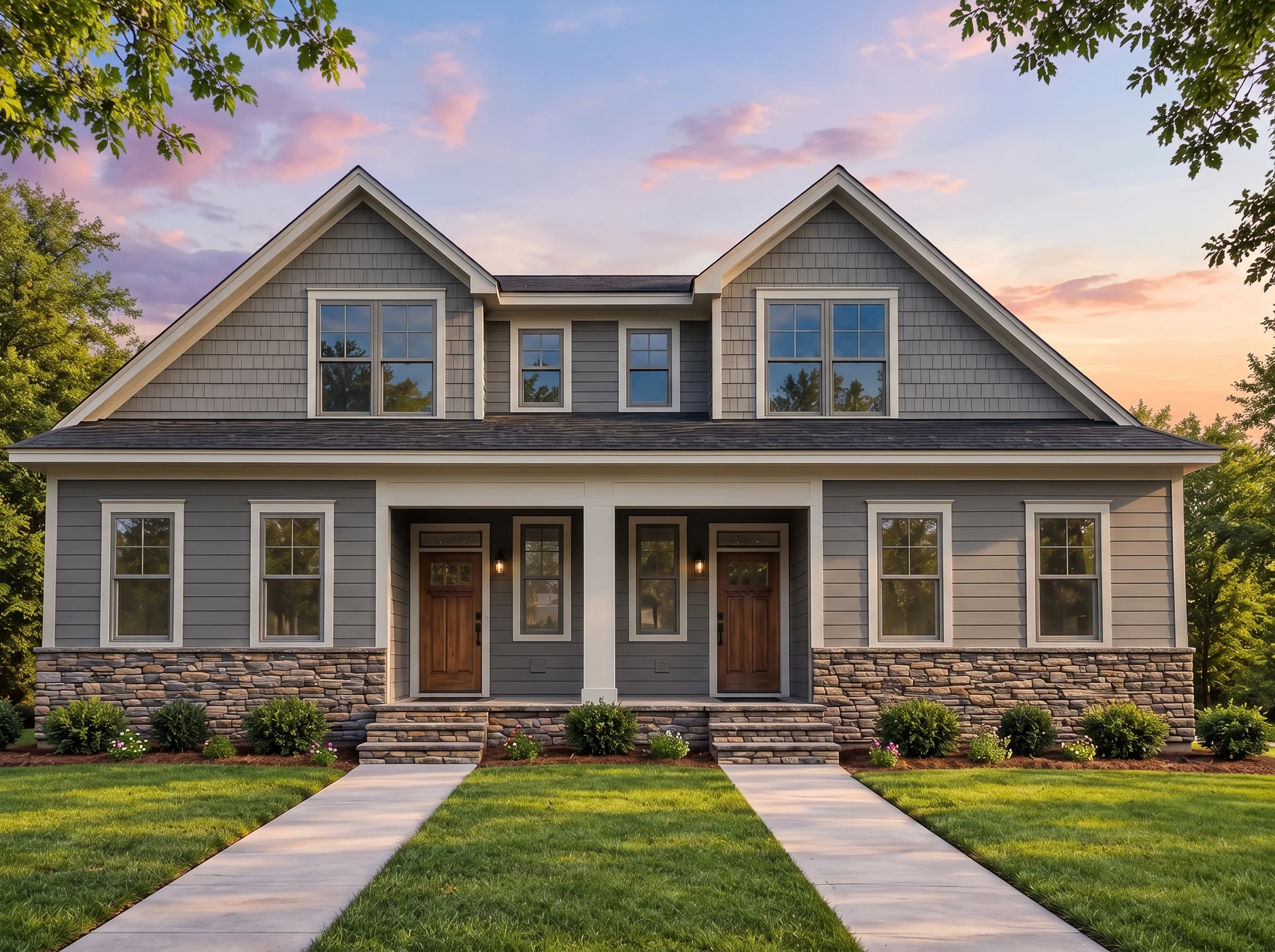 Plan  18-1132 – Auburn Bluff Farmhouse  | Traditional Colonial – 5-Bed, 5-Bath, 2,100 SF - Warm Charcoal, AI-generated exterior concept